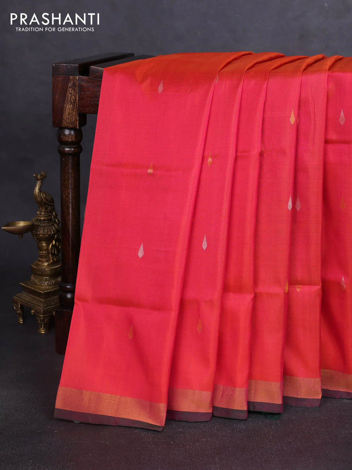 Pure uppada silk saree dual shade of pinkish orange and green with silver & gold zari woven thilak buttas and jamdhani design pallu