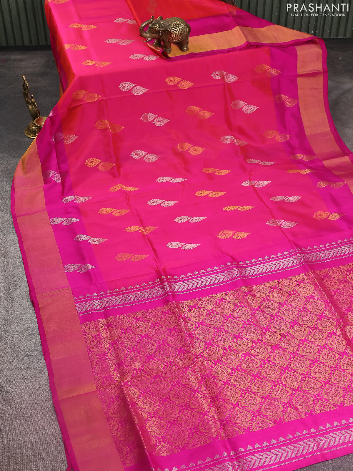 Pure uppada silk saree dual shade of pinkish orange and pink with silver & gold zari woven buttas and zari woven border - Image 2