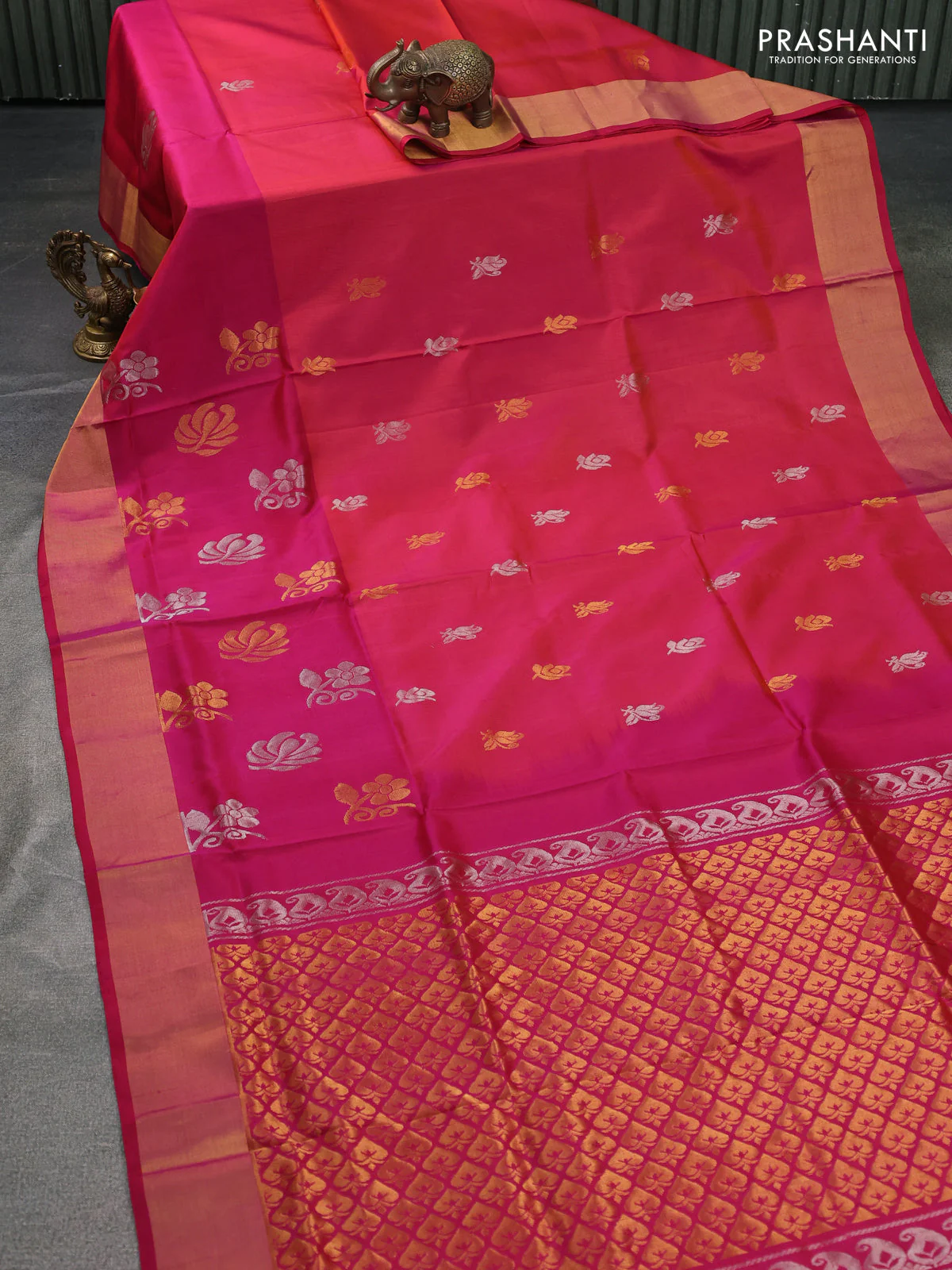 Pure uppada silk saree dual shade of pinkish orange and pink with silver & gold zari woven buttas and zari woven butta border - Image 2
