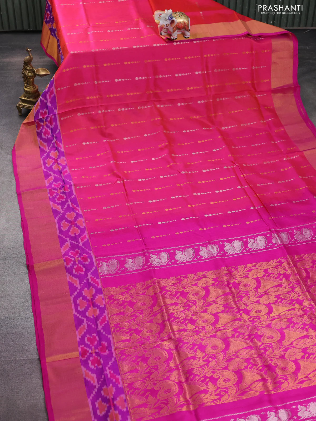 Pure uppada silk saree dual shade of pinkish orange and pink with sllover silver & gold zari weaves and zari woven ikat style border - Image 2