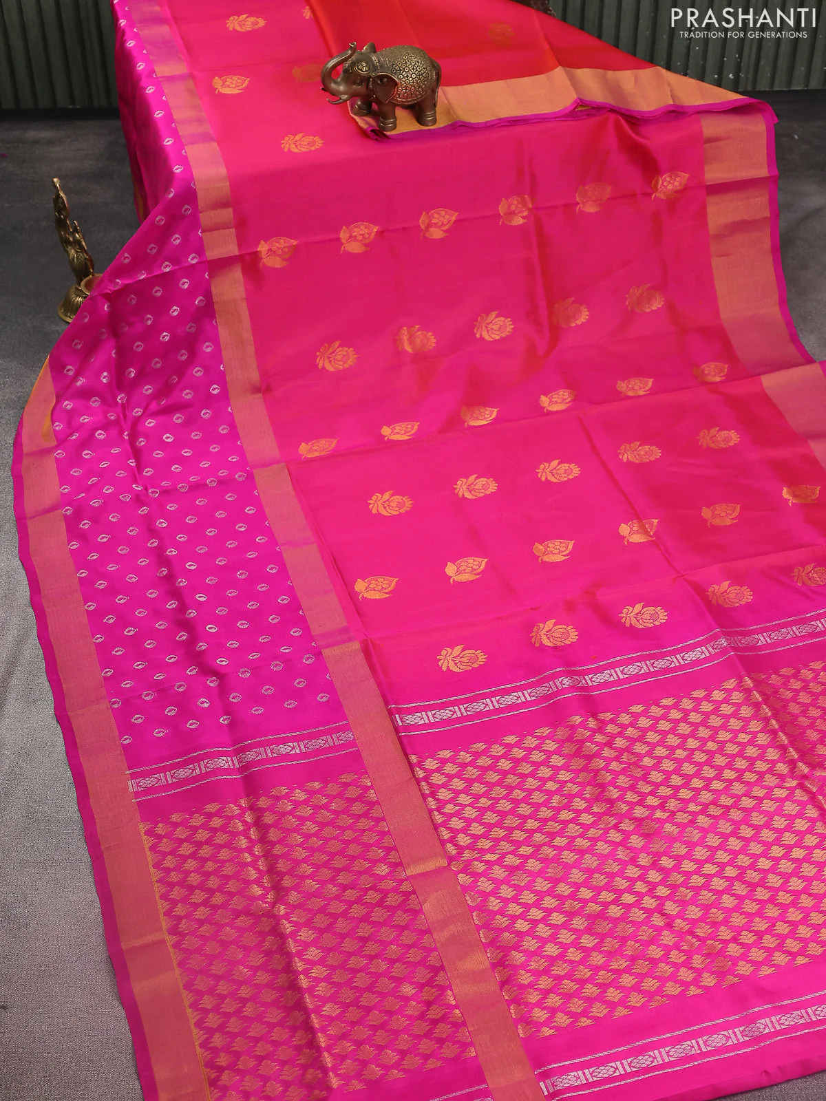 Pure uppada silk saree dual shade of pinkish orange and pink with zari woven buttas and long zari woven butta border - Image 2