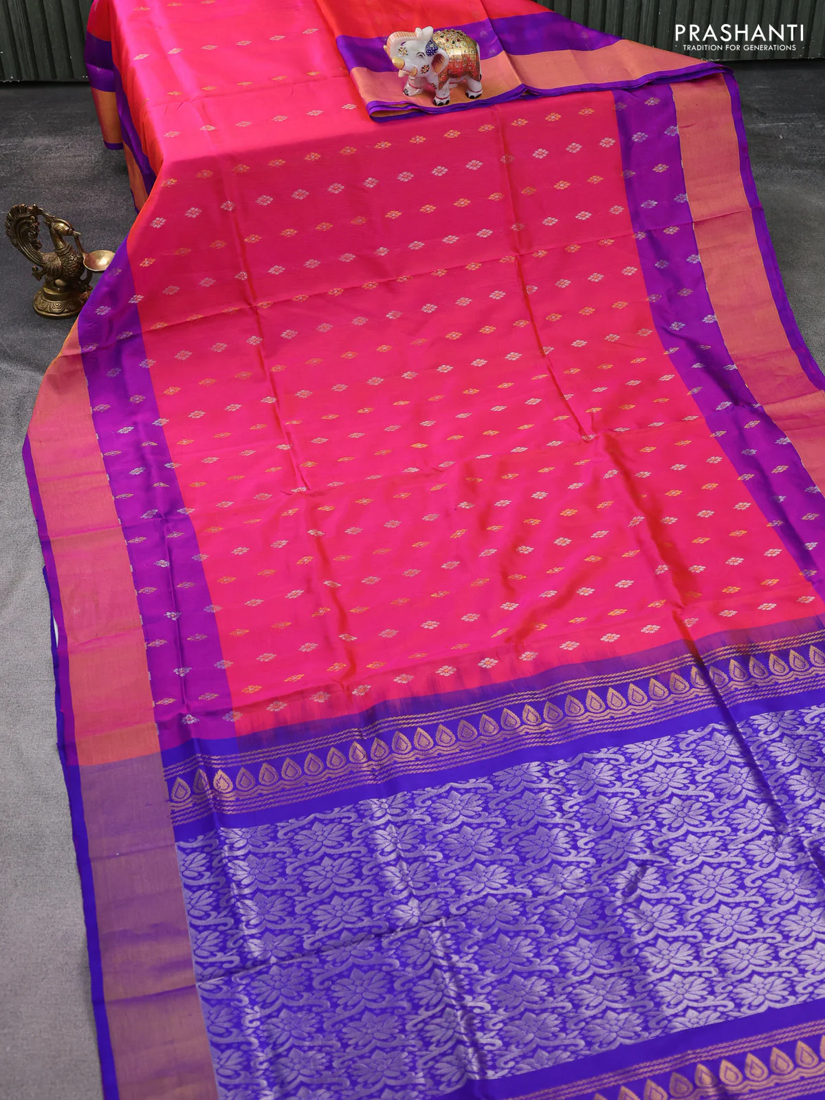 Pure uppada silk saree dual shade of pinkish orange and purple with silver & gold zari butta weaves and zari woven border - Image 2