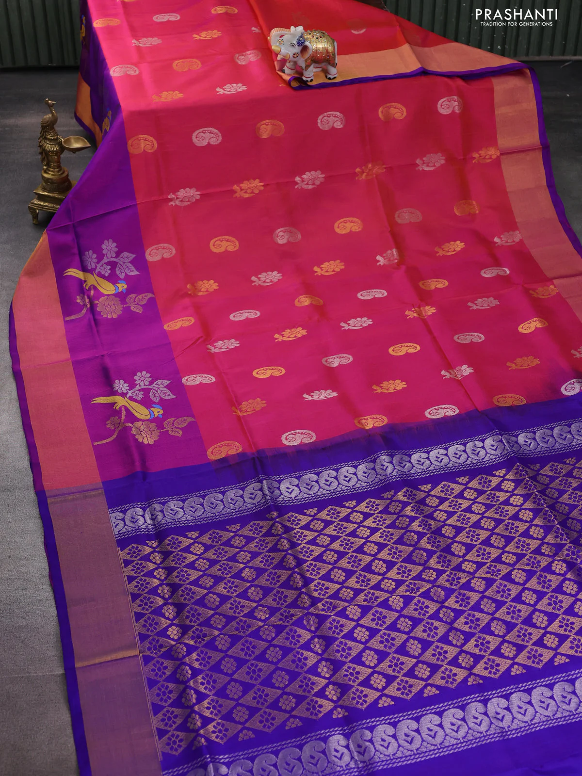 Pure uppada silk saree dual shade of pinkish orange and purple with silver & gold zari woven buttas and zari woven border - Image 2
