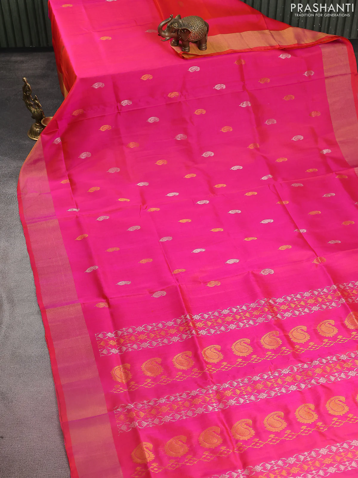 Pure uppada silk saree dual shade of pinkish orange with silver & gold zari woven paisley buttas and zari woven border - Image 2
