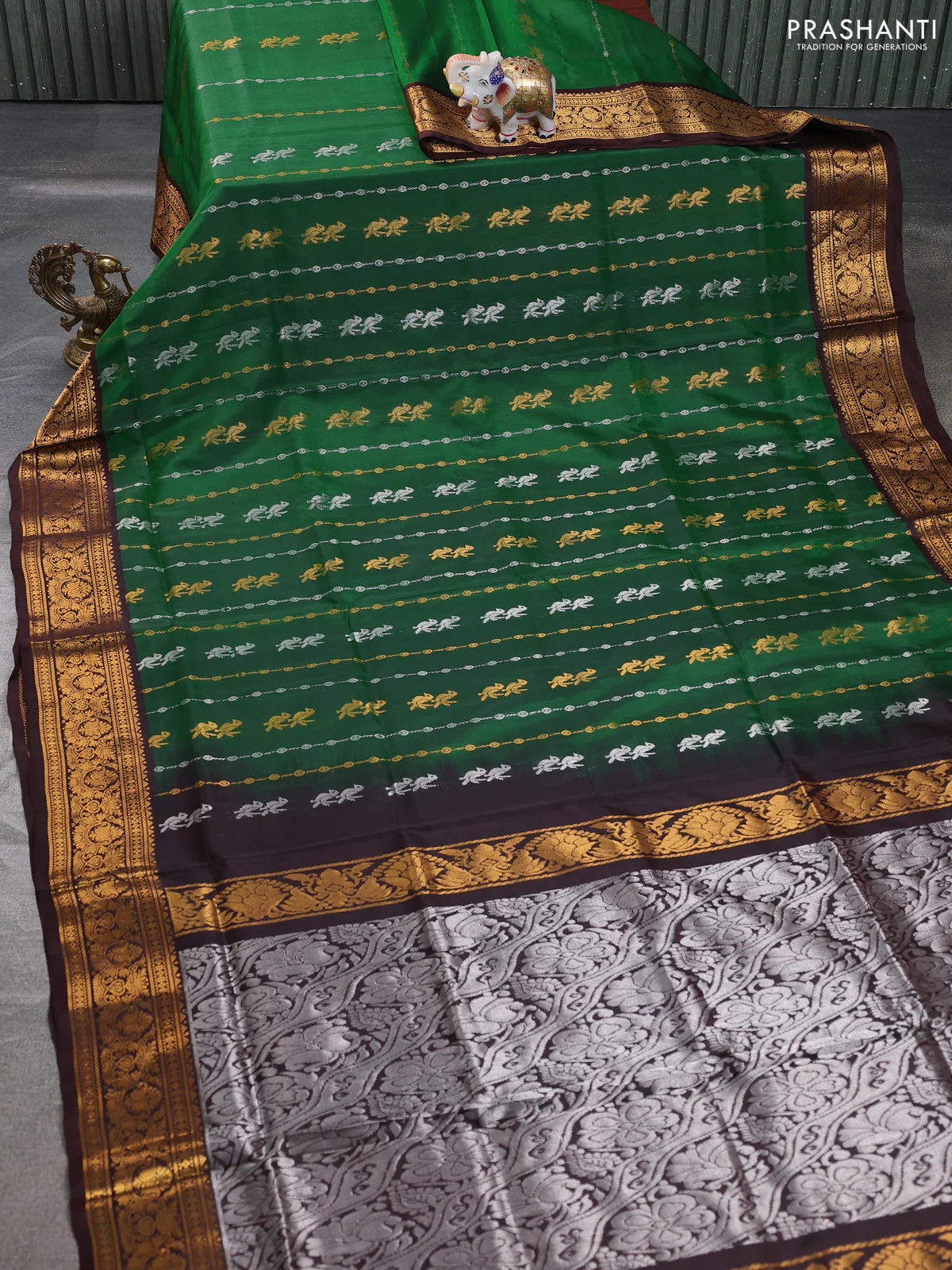 Pure uppada silk saree green and coffee brown with allover silver & gold zari weaves and annam zari woven border - Image 2