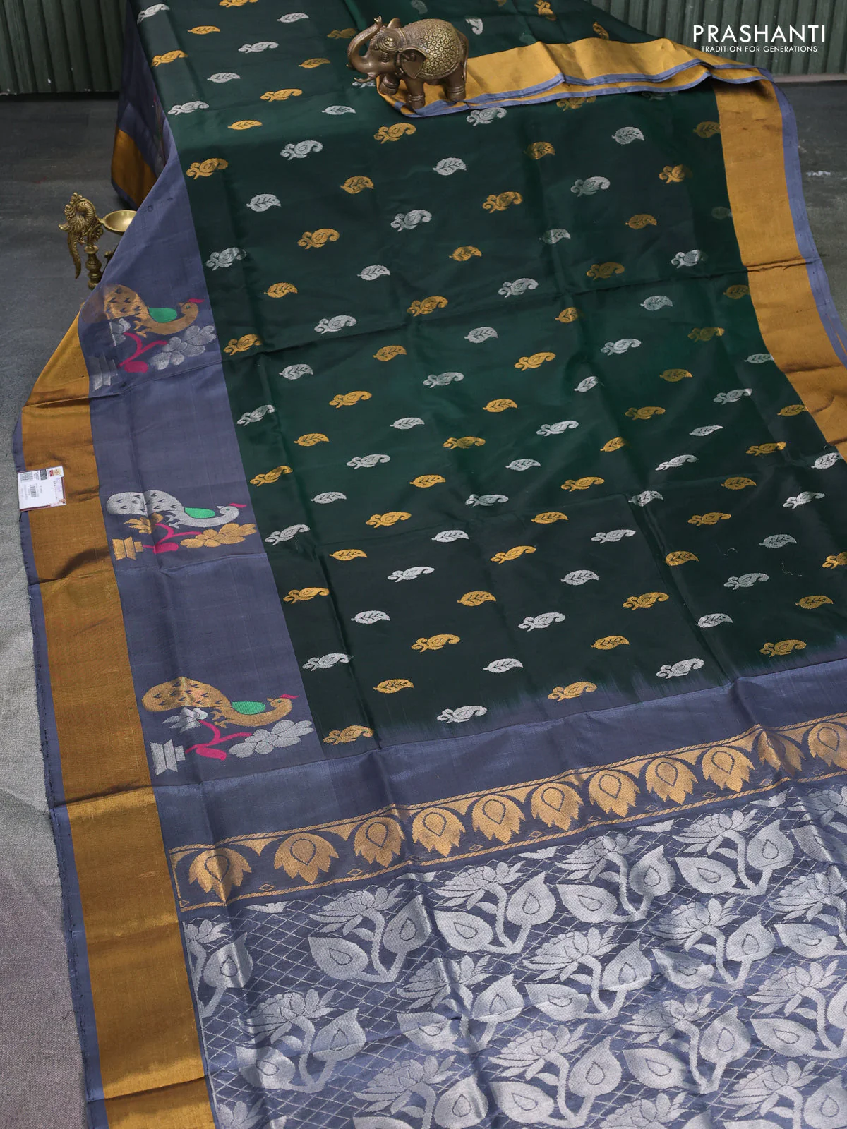 Pure uppada silk saree green and grey with silver & gold zari woven buttas and zari woven peacock design butta border - Image 2