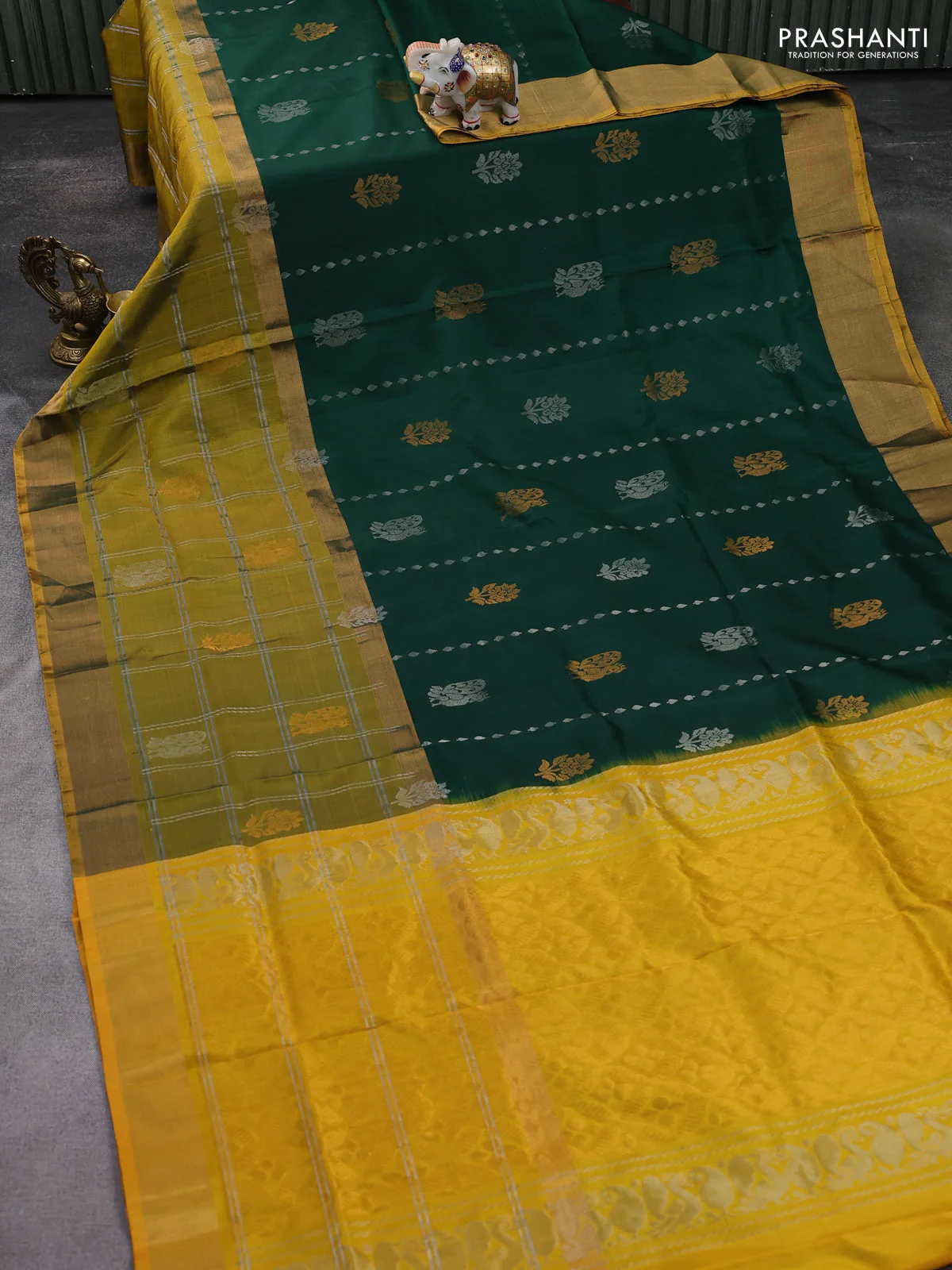 Pure uppada silk saree green and mustard yellow with allover silver & gold zari weaves and long zari woven border - Image 2