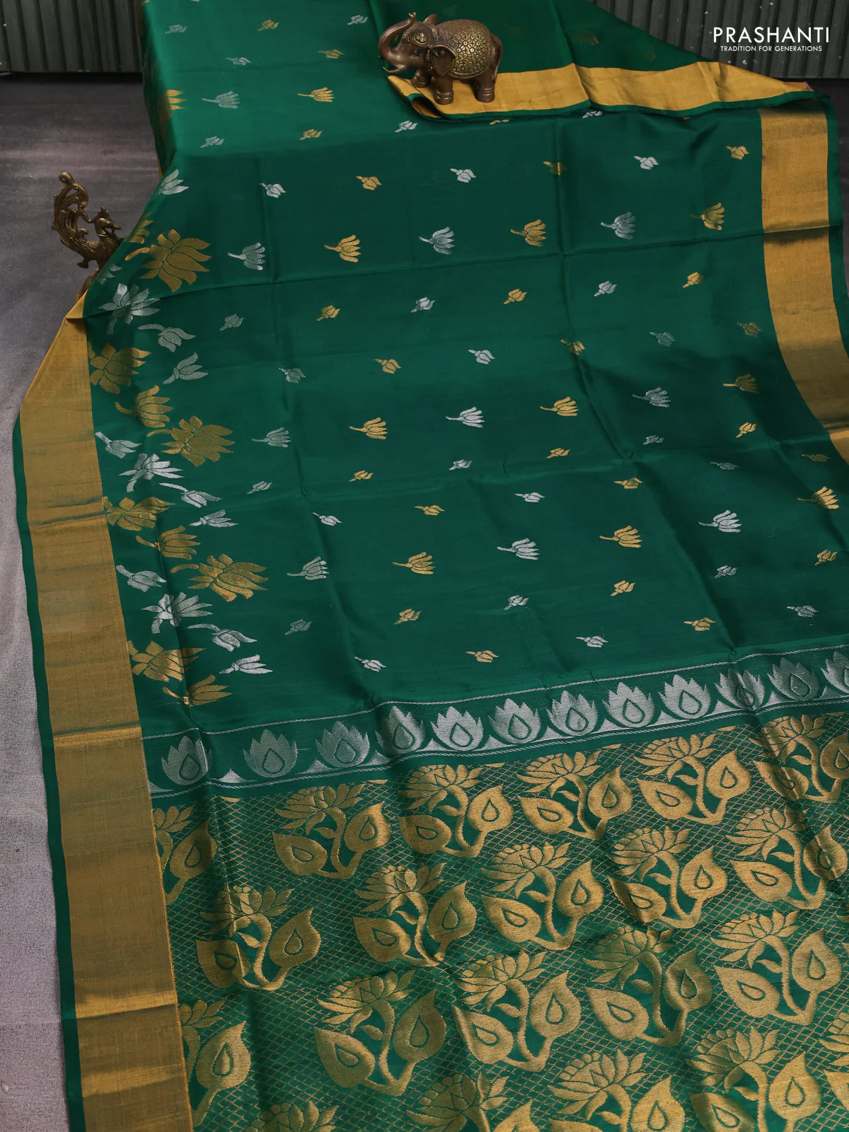 Pure uppada silk saree green with silver & gold zari woven buttas and zari woven border - Image 2