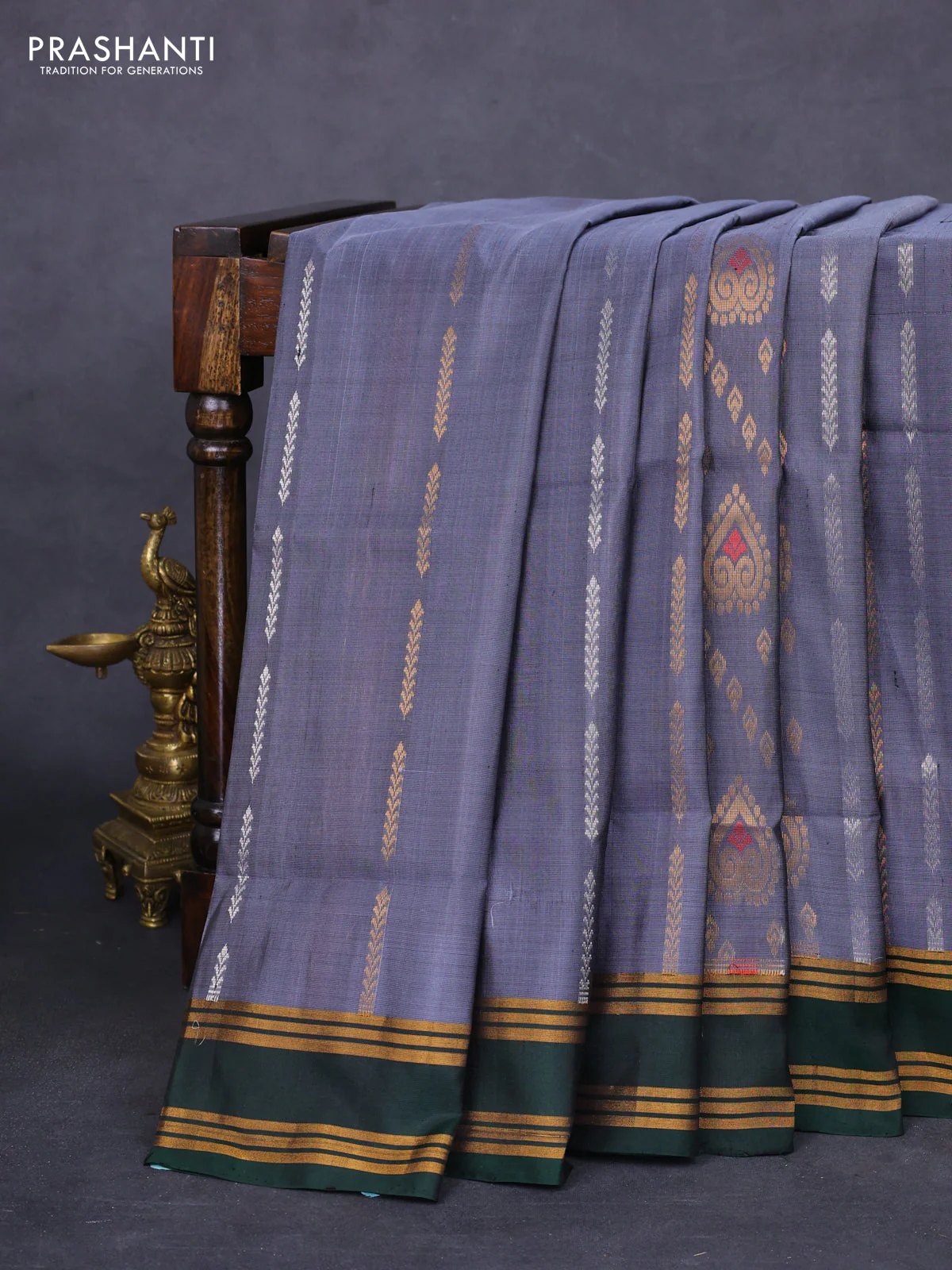 Pure uppada silk saree grey and bottle green with sllover silver & gold zari weaves and rettapet zari woven border