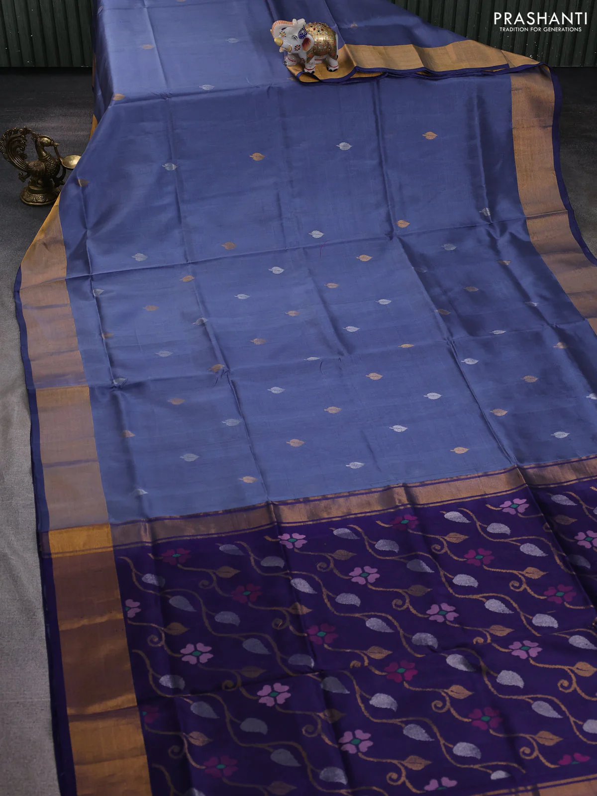 Pure uppada silk saree grey and dark blue with silver & gold zari woven buttas and jamdhani design pallu - Image 2