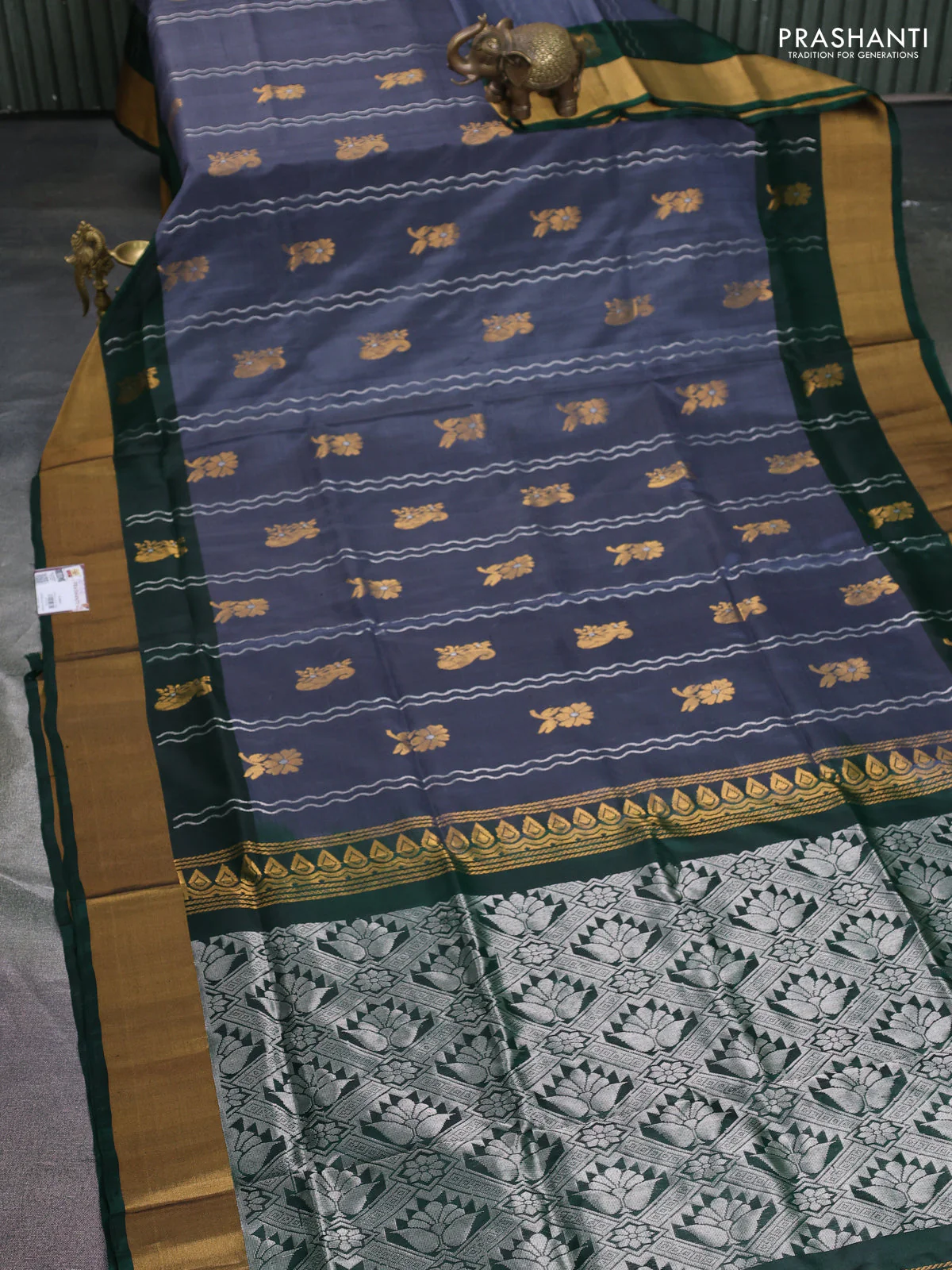 Pure uppada silk saree grey and dark green with allover silver & gold zari weaves and zari woven border - Image 2