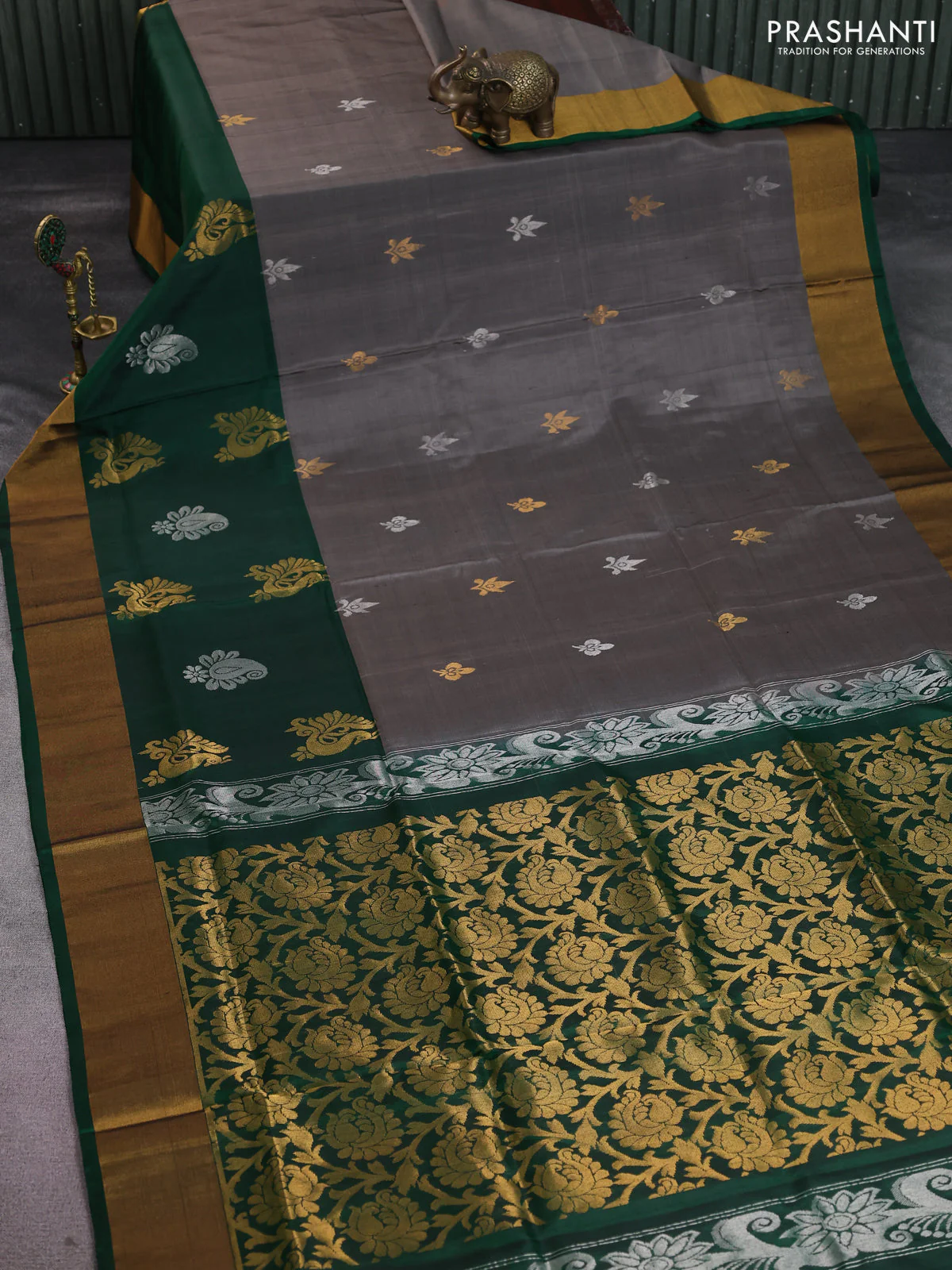 Pure uppada silk saree grey and green with silver & gold zari woven buttas and long zari woven butta border - Image 2