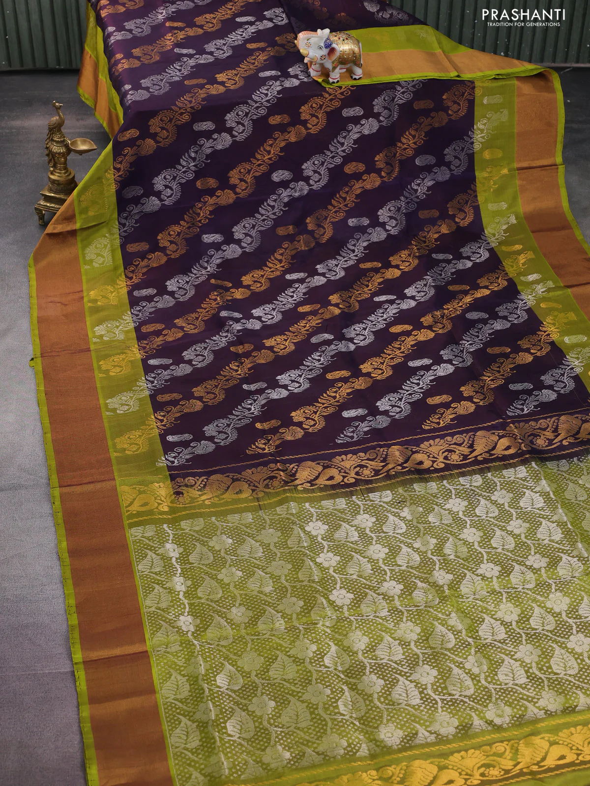 Pure uppada silk saree jamun shade and light green with allover silver & gold zari weaves and zari woven border - Image 2
