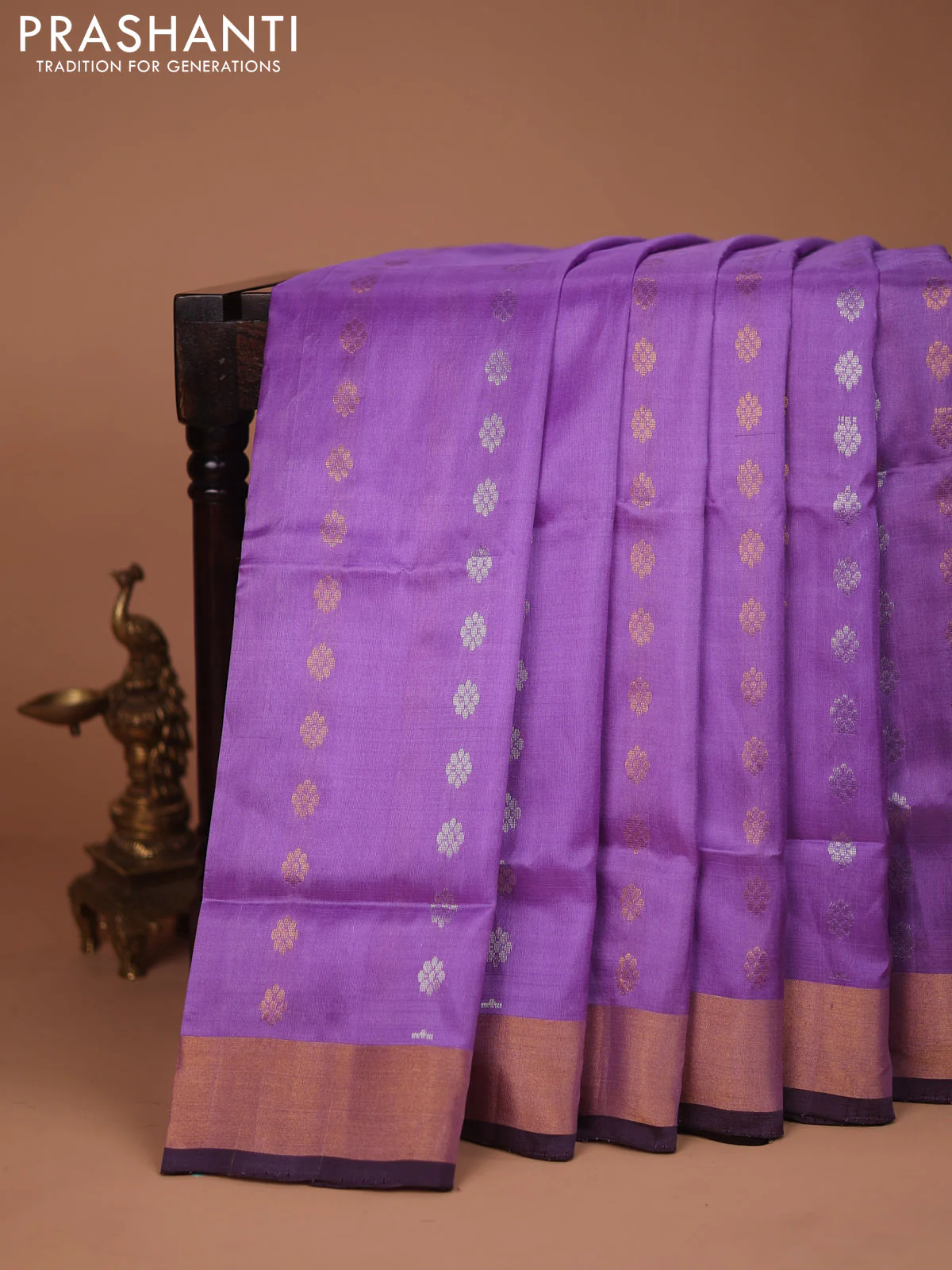 Pure uppada silk saree lavender and coffee brown with silver & gold zari woven buttas and zari woven border
