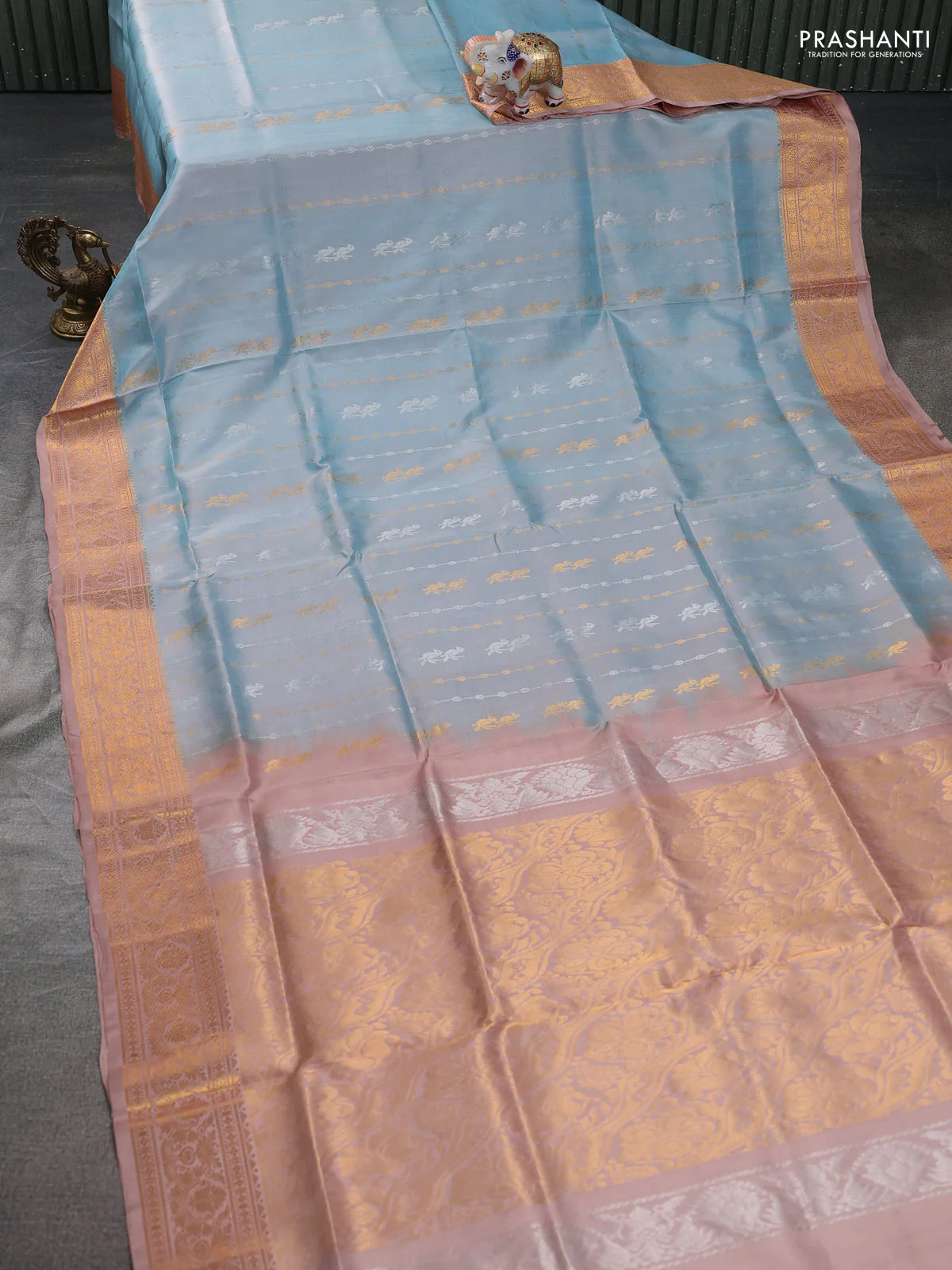 Pure uppada silk saree light blue and beige with allover silver & gold zari weaves and zari woven border - Image 2