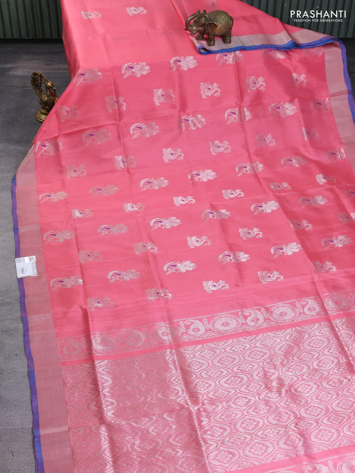 Pure uppada silk saree light pink and cs blue with silver zari woven buttas and silver zari woven border - Image 2