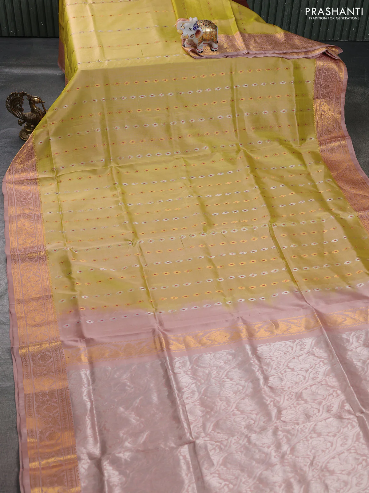 Pure uppada silk saree lime yellow and beige with allover silver & gold zari woven floral buttas and annam zari woven border - Image 2