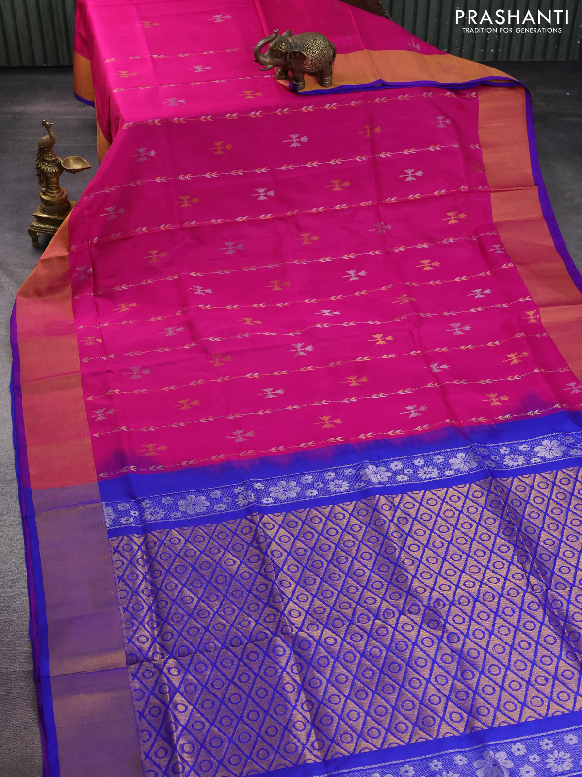 Pure uppada silk saree magenta pink and blue with allover silver & gold zari weaves and zari woven border - Image 2