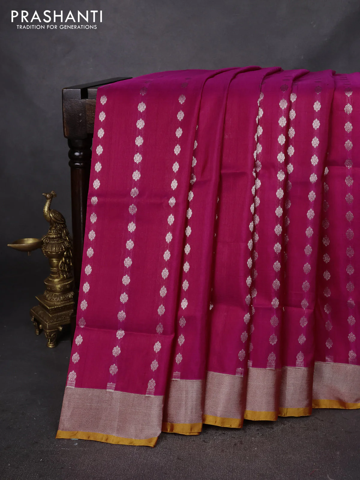 Pure uppada silk saree magenta pink and mustard yellow with allover silver zari woven butta weaves and silver zari woven border
