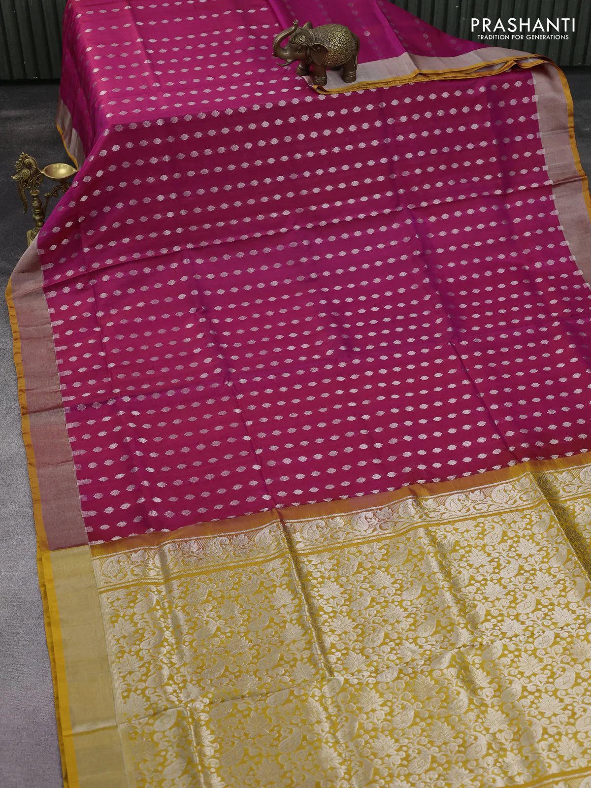 Pure uppada silk saree magenta pink and mustard yellow with allover silver zari woven butta weaves and silver zari woven border - Image 2