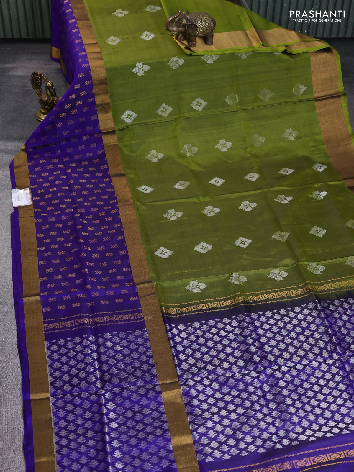 Pure uppada silk saree mehendi green and blue with silver zari woven buttas and long zari woven butta border - Image 2