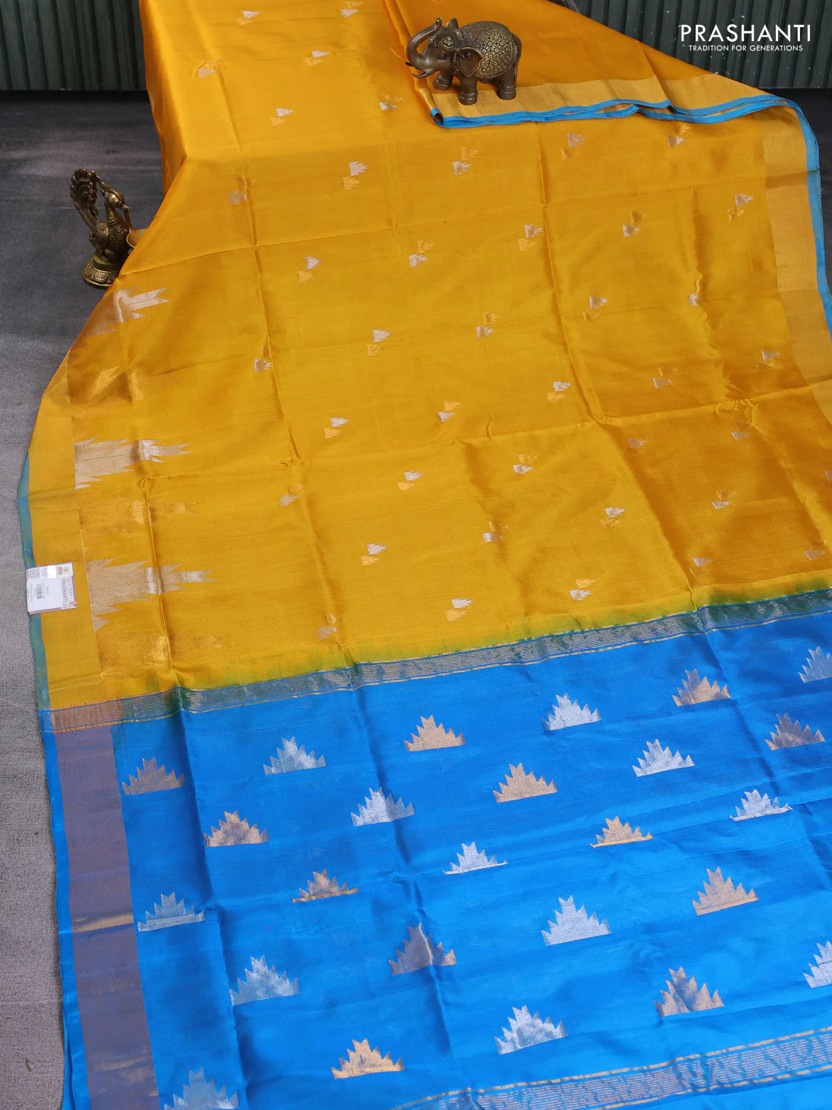 Pure uppada silk saree mustard yellow and cs blue with silver & gold temple zari woven buttas and temple design zari woven border - Image 2