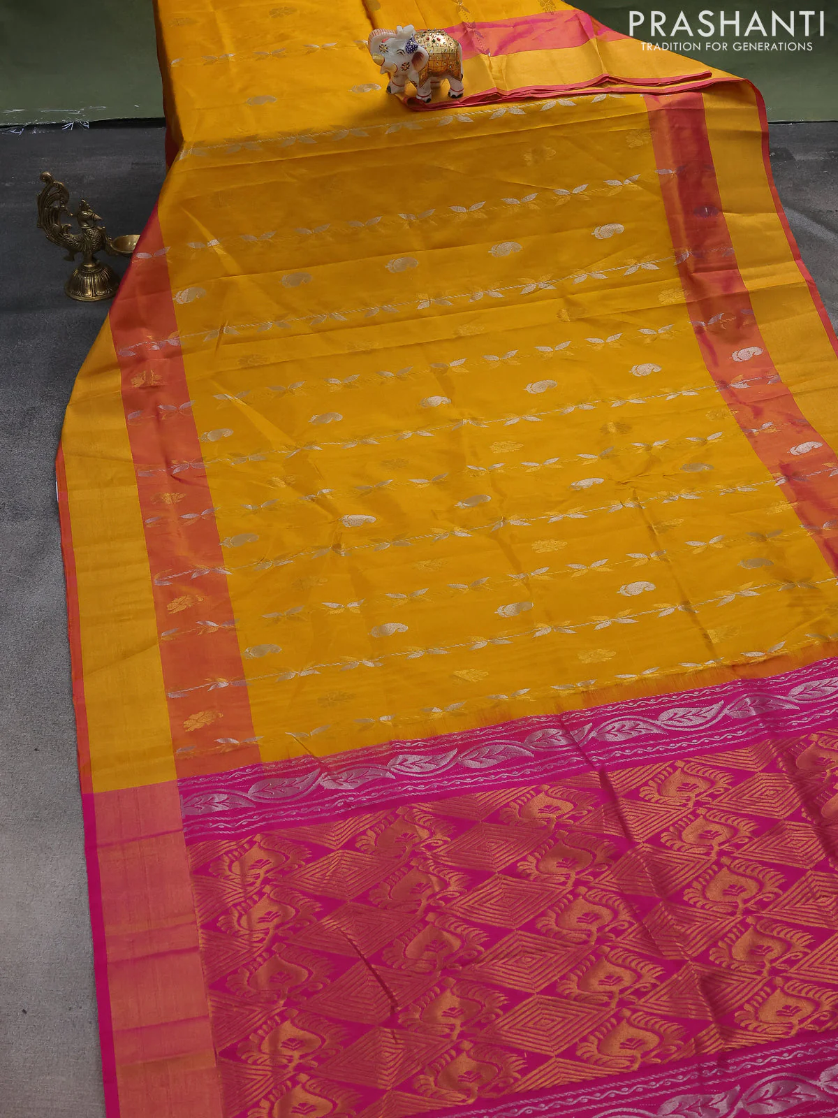 Pure uppada silk saree mustard yellow and pink with allover silver & gold zari weaves and zari woven border - Image 2