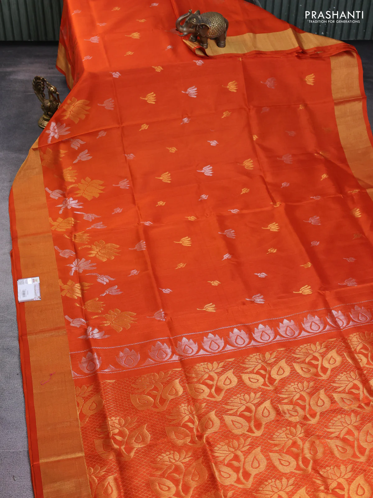 Pure uppada silk saree orange with silver & gold zari woven floral buttas and rich zari woven border - Image 2