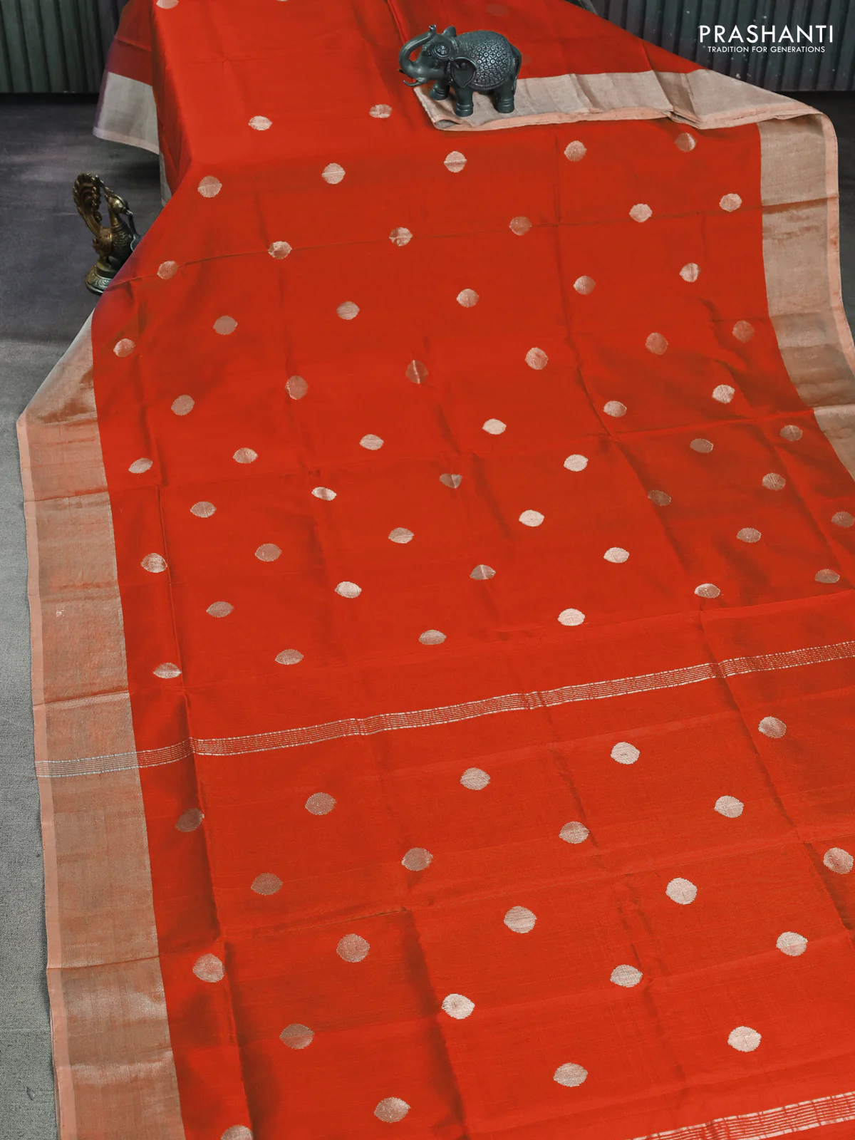Pure uppada silk saree orange with silver zari woven coin buttas and silver zari woven border - Image 2