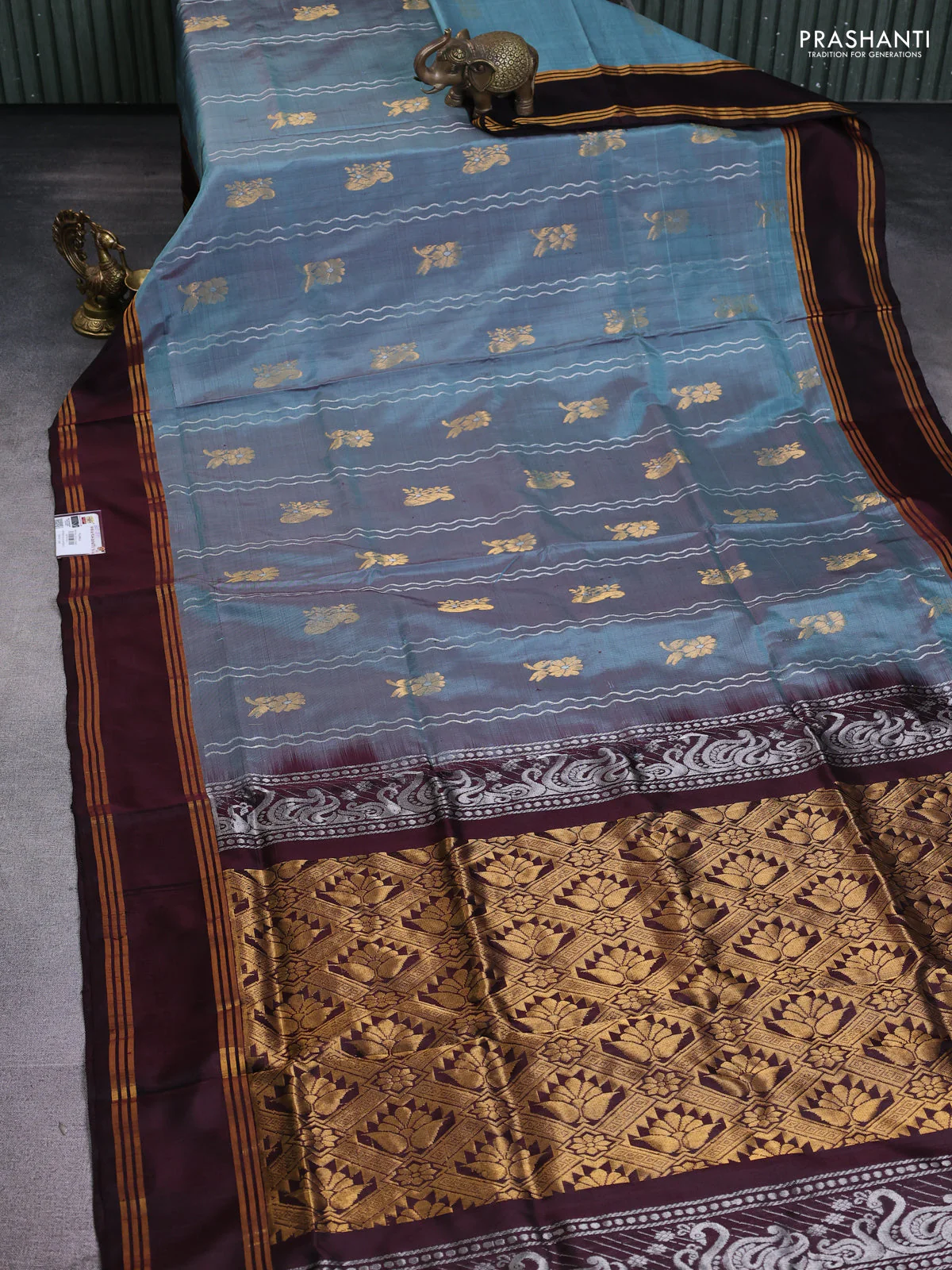 Pure uppada silk saree pastel blue shade and coffee brown with allover silver & gold zari weaves and rettapet zari woven border - Image 2