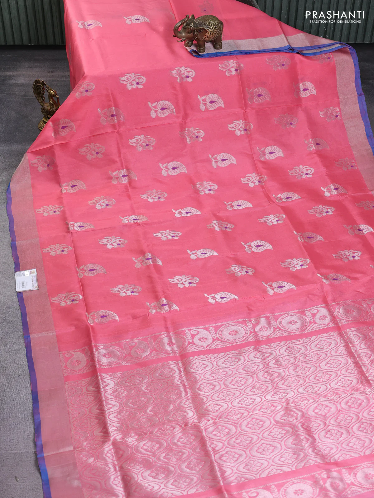 Pure uppada silk saree peach pink and cs blue with silver zari woven buttas and silver zari woven border - Image 2