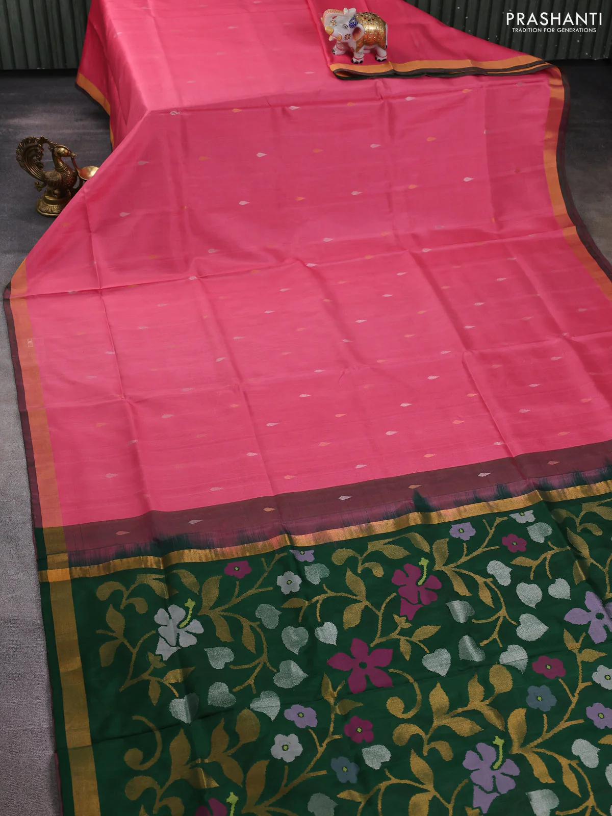 Pure uppada silk saree peach pink and dark green with silver & gold zari woven thilak buttas and jamdhani design pallu - Image 2