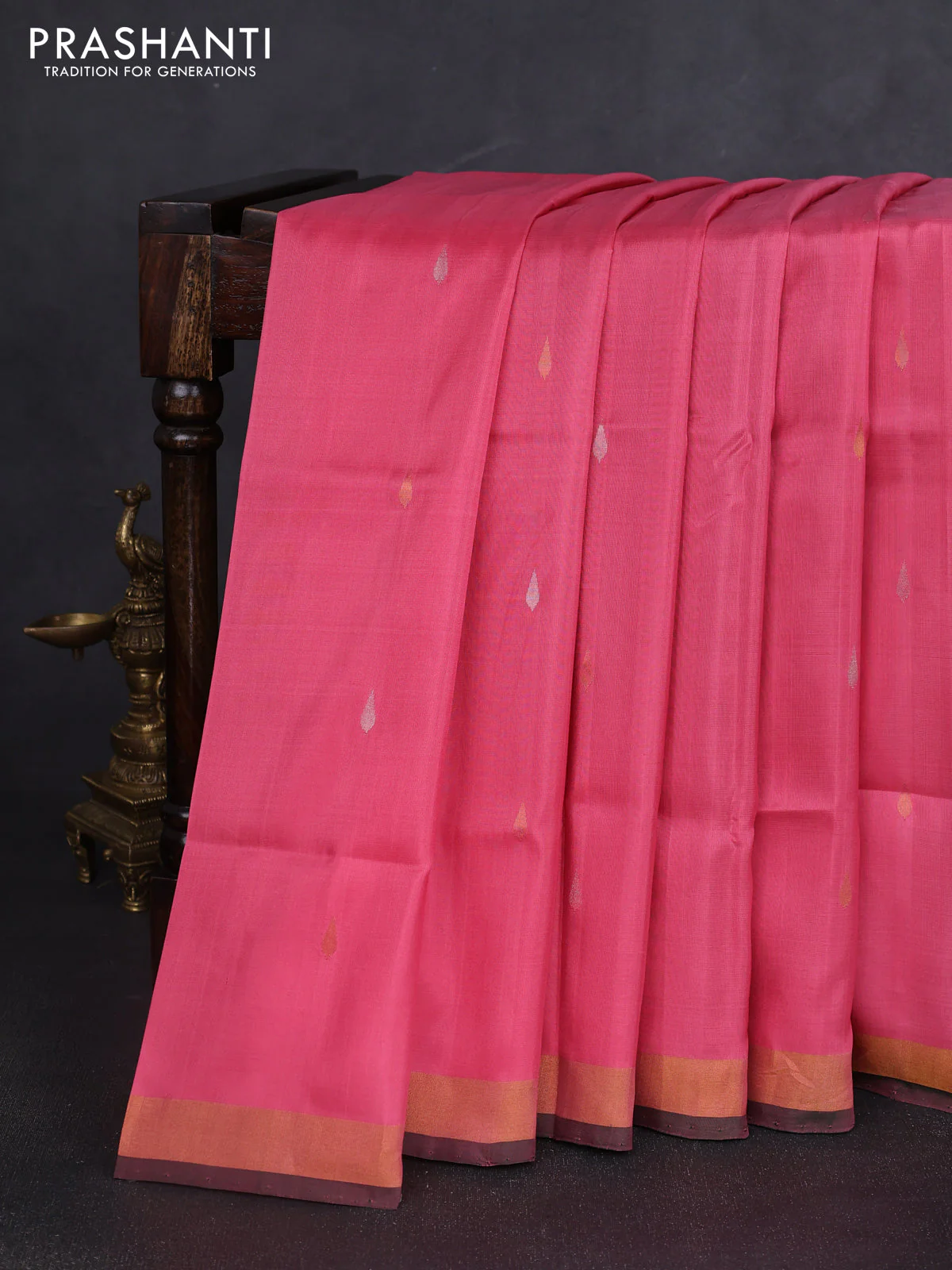 Pure uppada silk saree peach pink and dark green with silver & gold zari woven thilak buttas and jamdhani design pallu