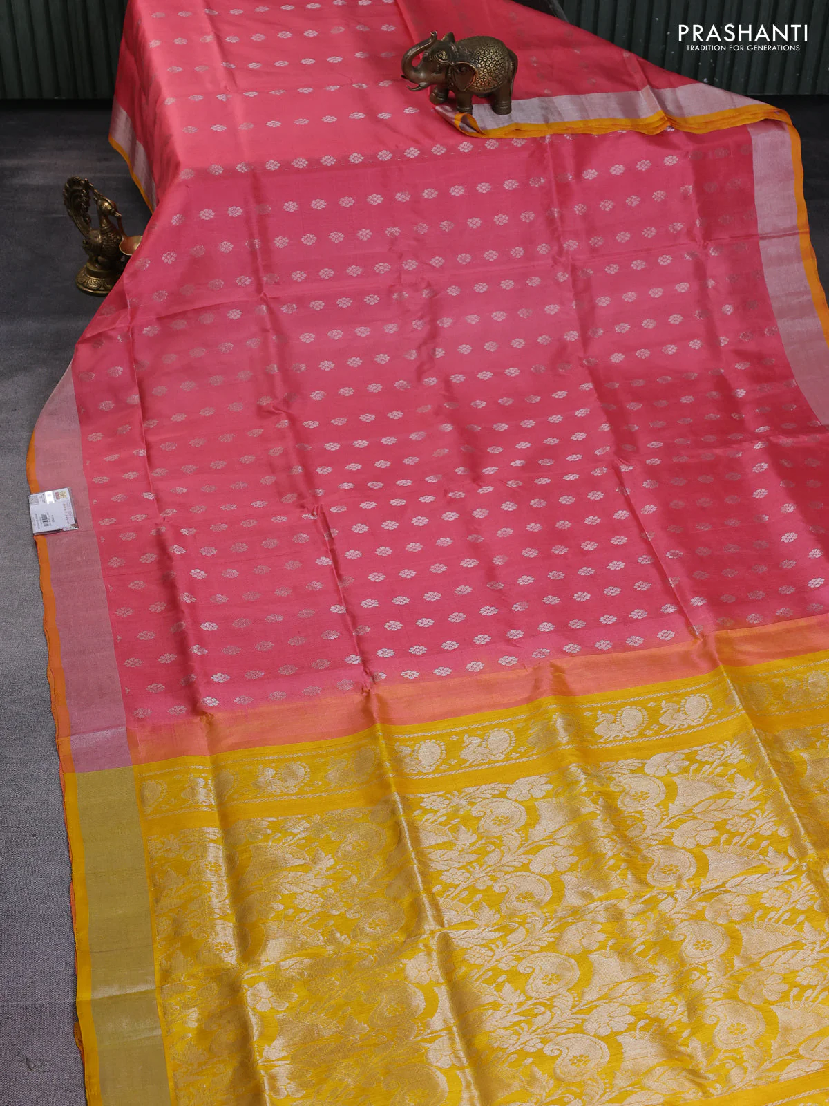 Pure uppada silk saree peach pink and mango yellow with silver zari woven buttas and silver zari woven border - Image 2