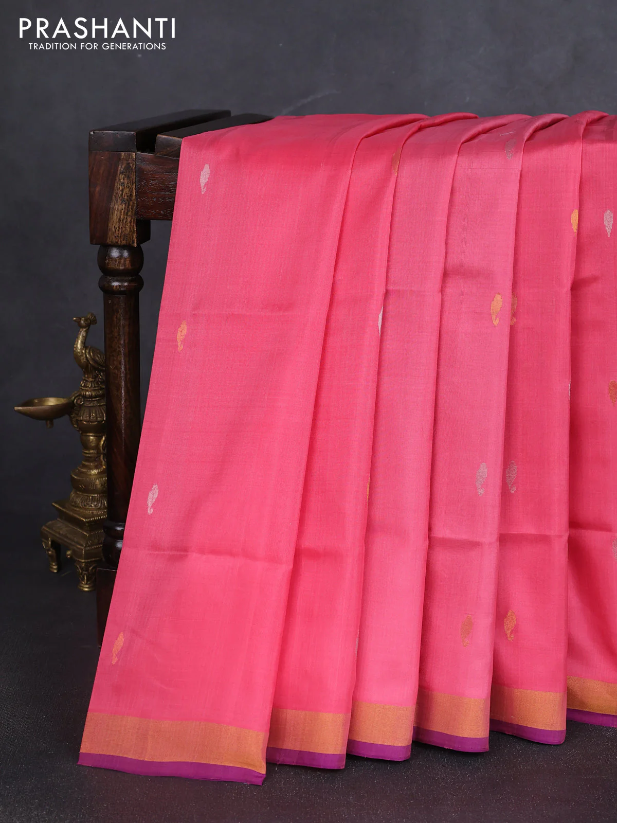 Pure uppada silk saree peach pink and purple with silver & gold zari woven buttas and jamdhani design pallu