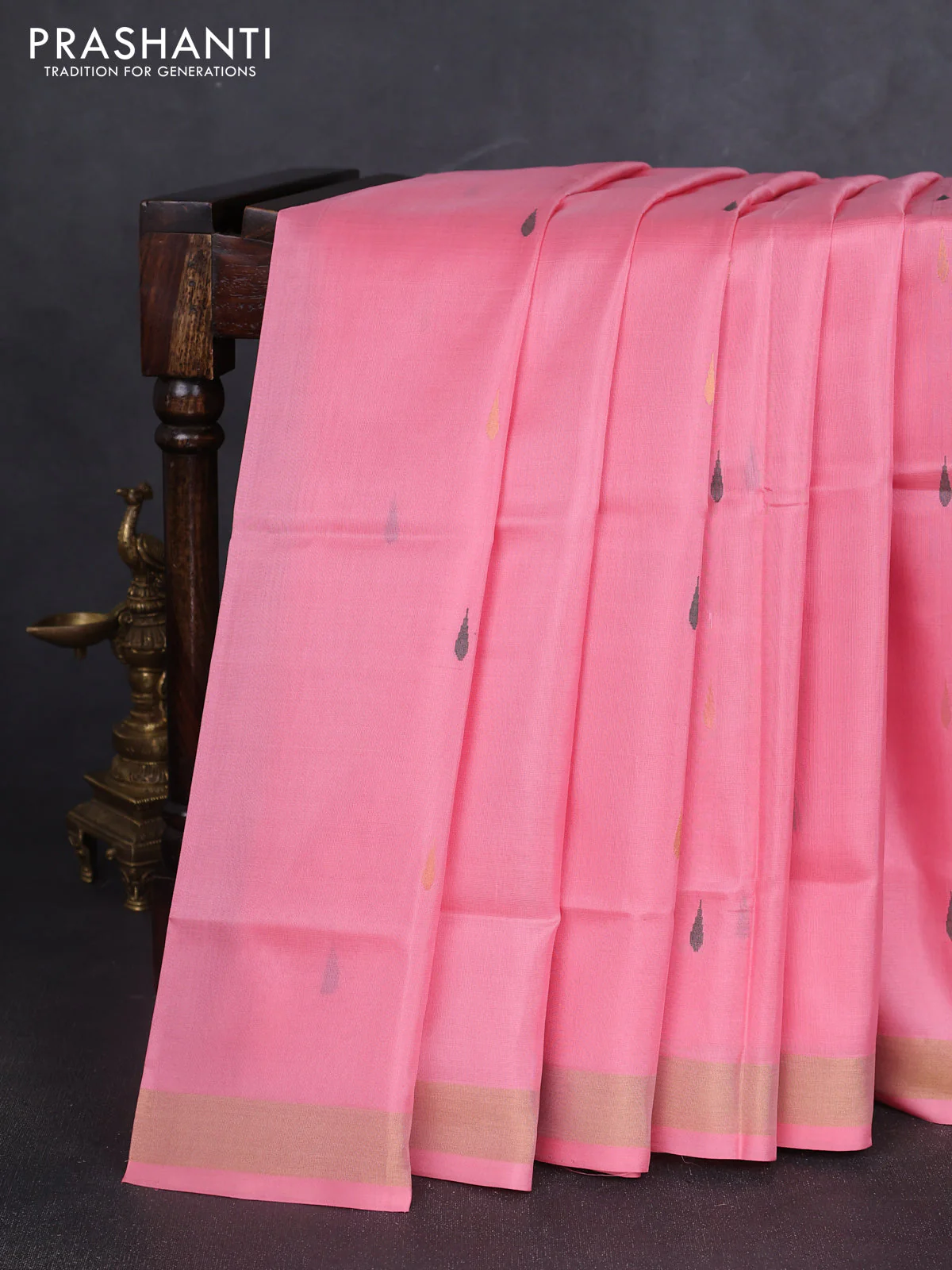 Pure uppada silk saree peach shade with thread & gold zari woven buttas and jamdhani design pallu