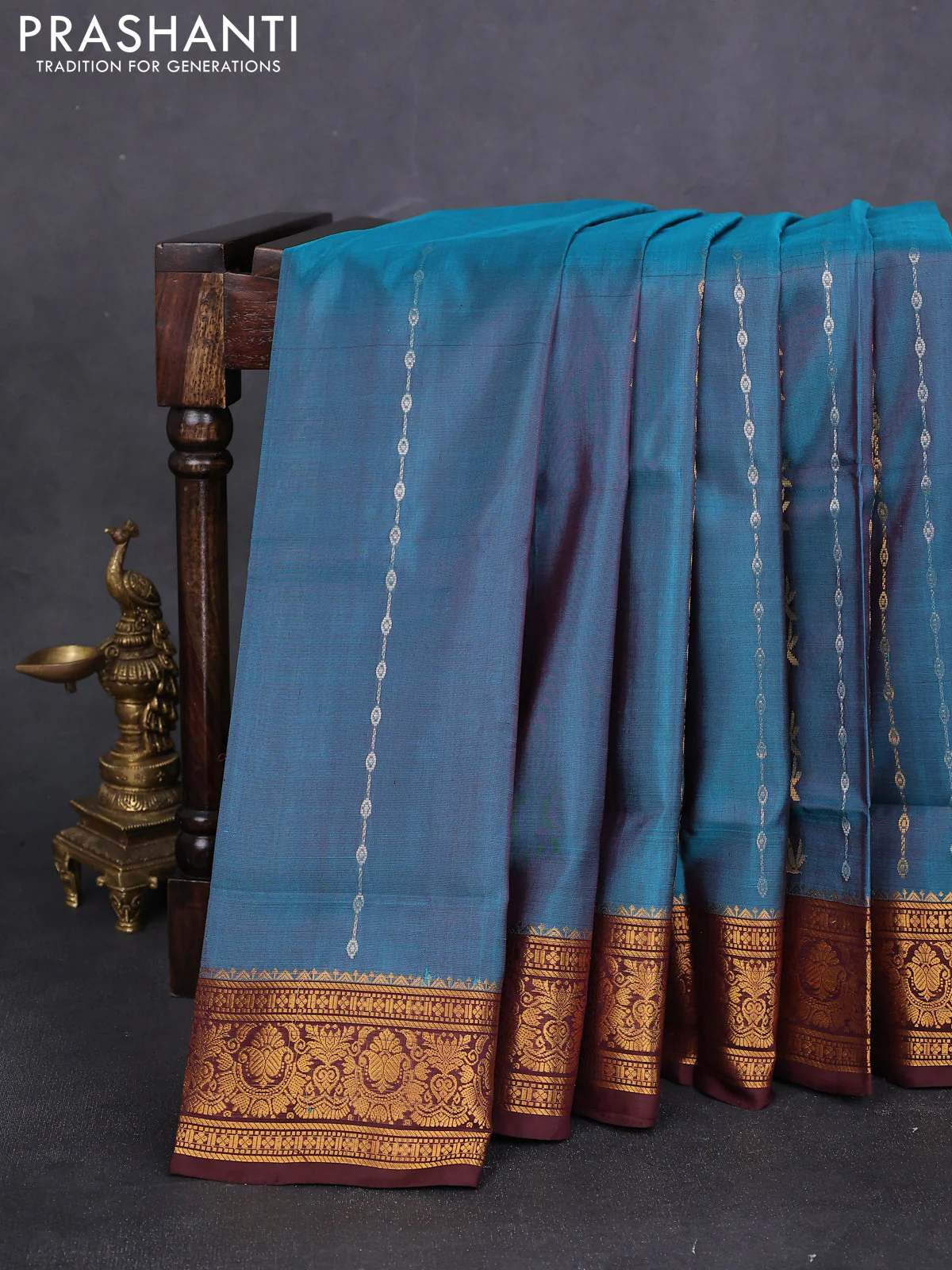 Pure uppada silk saree peacock blue and deep maroon with allover silver & gold zari weaves and zari woven border