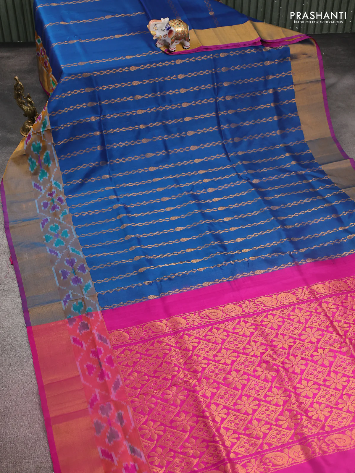 Pure uppada silk saree peacock blue and pink with allover silver & gold zari weaves and zari woven ikat style border - Image 2