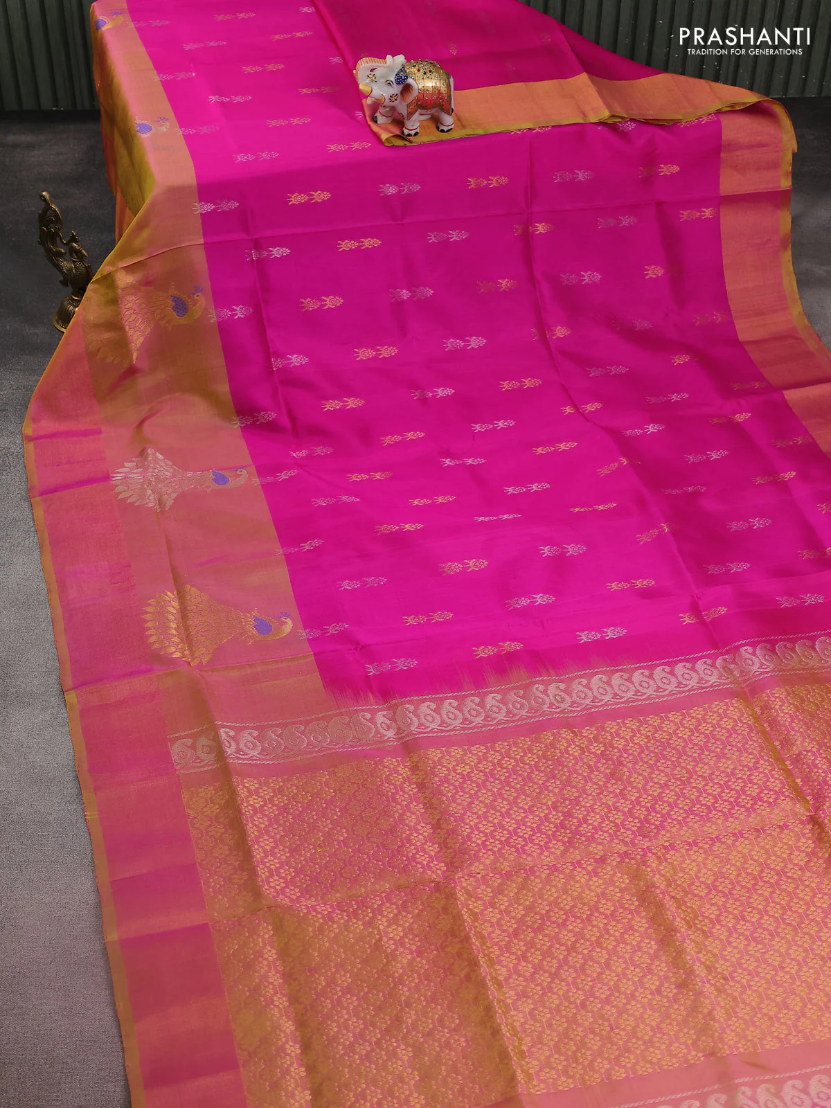 Pure uppada silk saree pink and dual shade of yellow with silver & gold zari woven buttas and peacock design zari woven border - Image 2