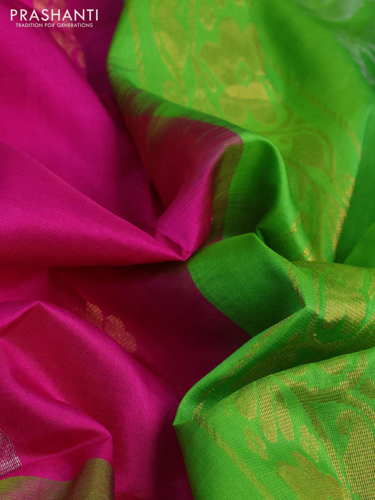 Pure uppada silk saree pink and light green with silver & gold zari woven buttas and long zari woven border - Image 3