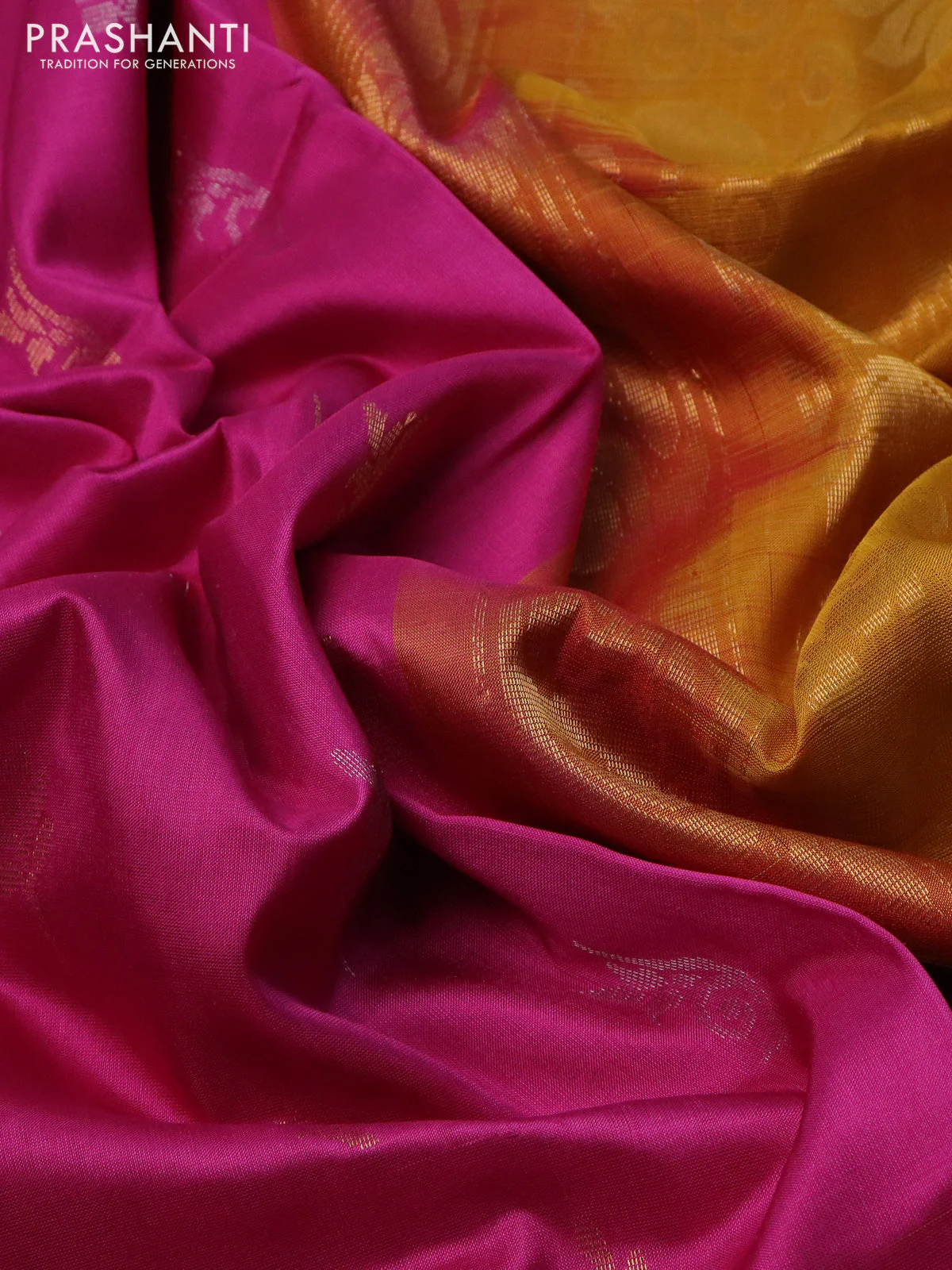 Pure uppada silk saree pink and mustard yellow with silver & gold zari woven buttas and zari woven border - Image 3
