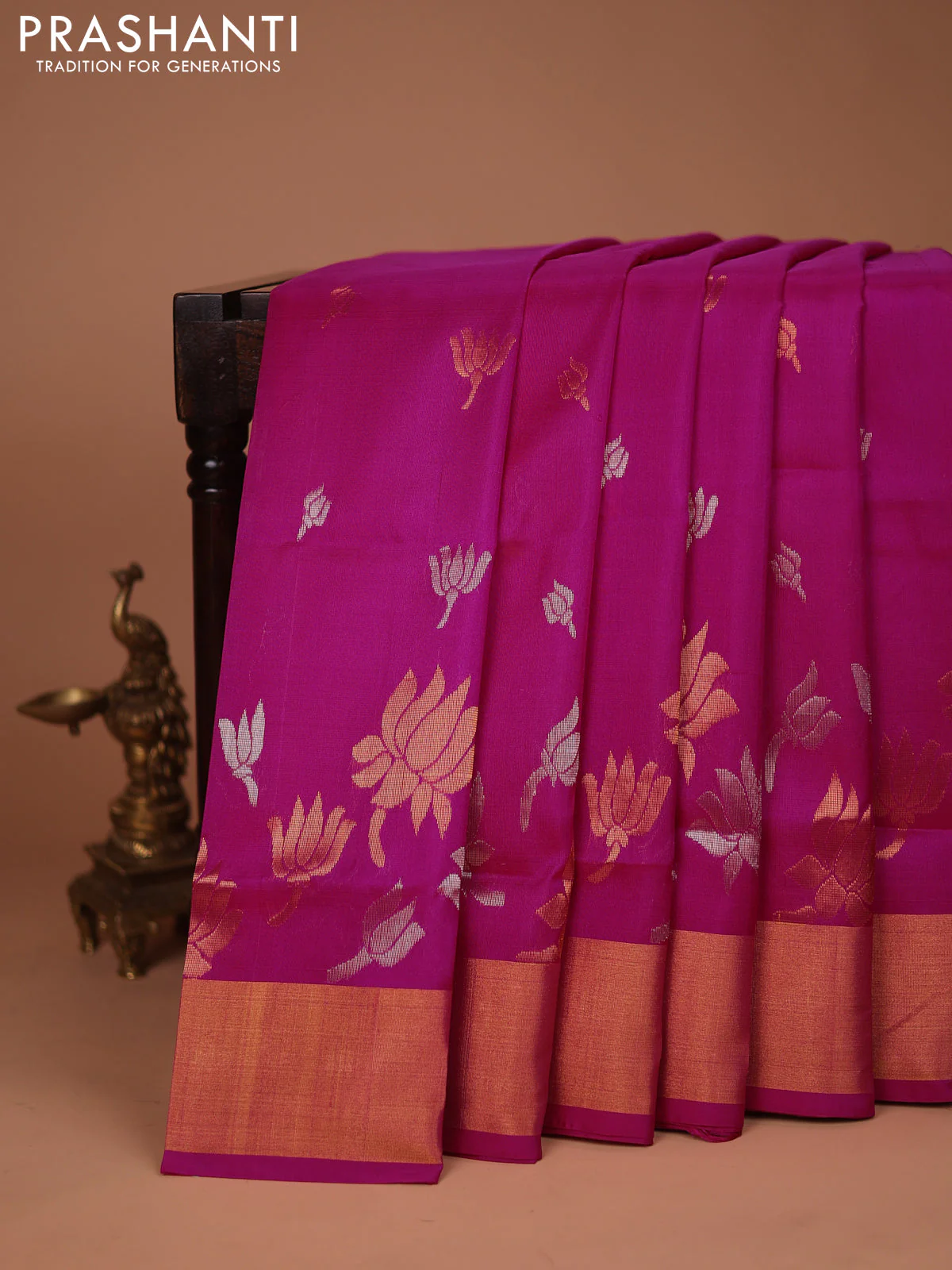 Pure uppada silk saree pink with silver & gold zari woven floral buttas and rich zari woven border