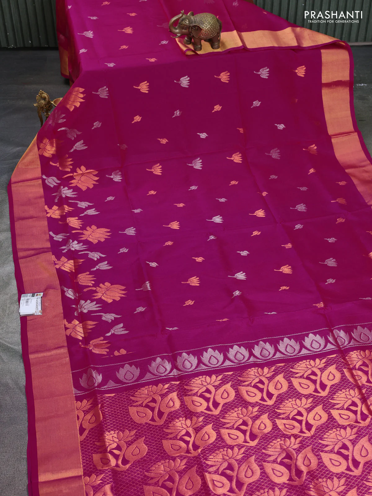 Pure uppada silk saree pink with silver & gold zari woven floral buttas and rich zari woven border - Image 2