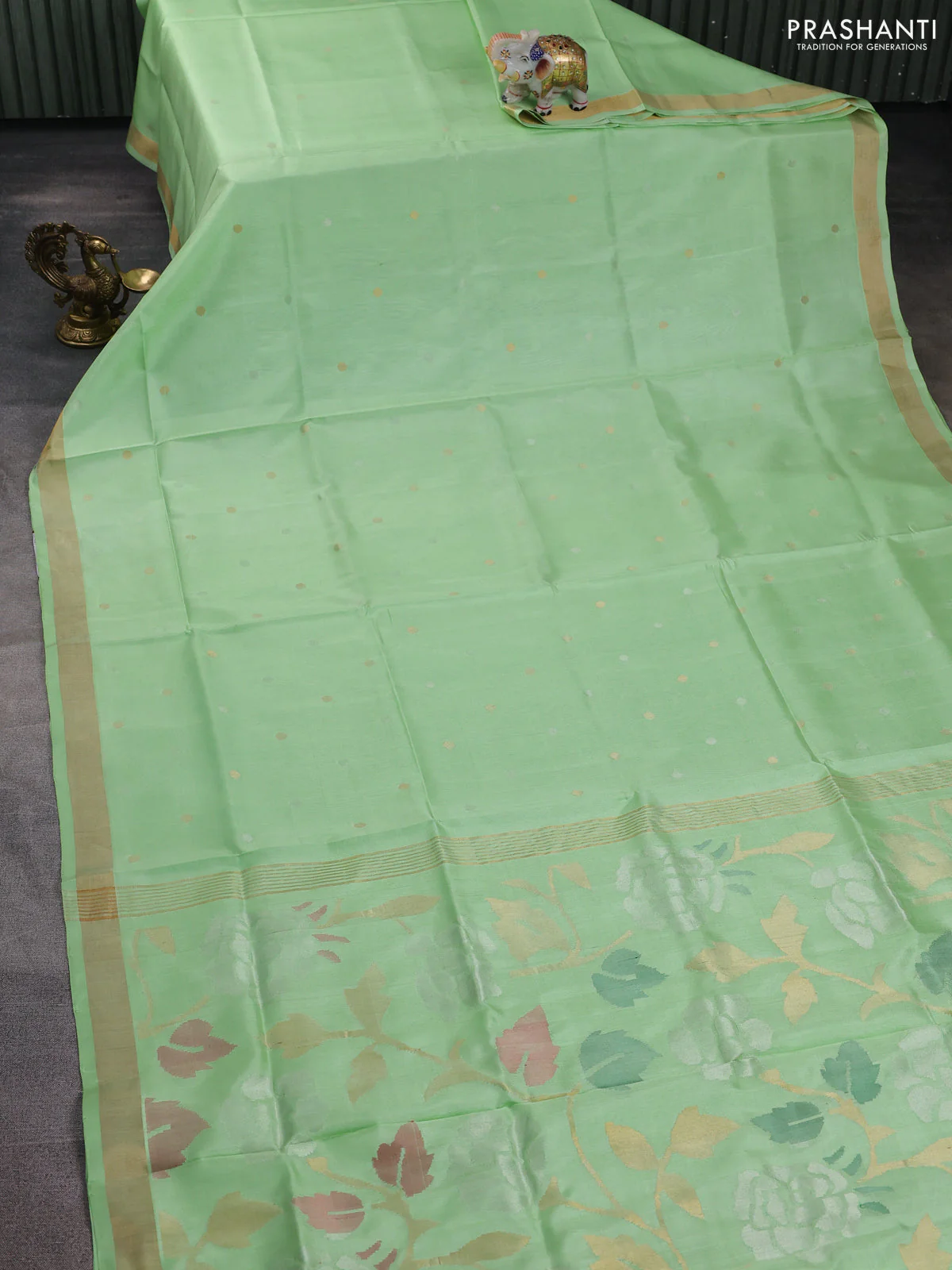 Pure uppada silk saree pista green with silver & gold zari woven buttas and jamdhani design pallu - Image 2