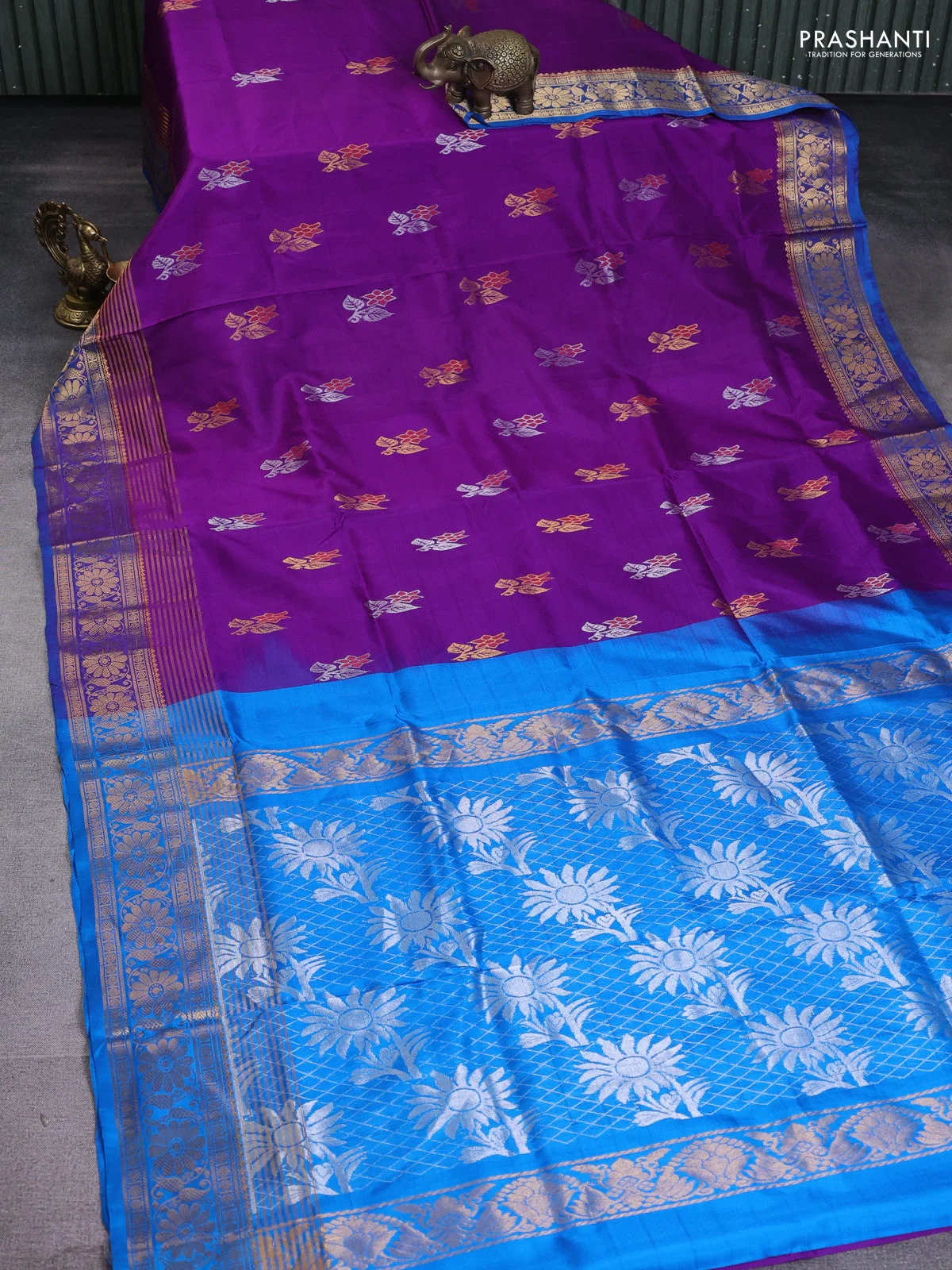Pure uppada silk saree purple and cs blue with silver & gold zari woven floral buttas and zari woven border - Image 2