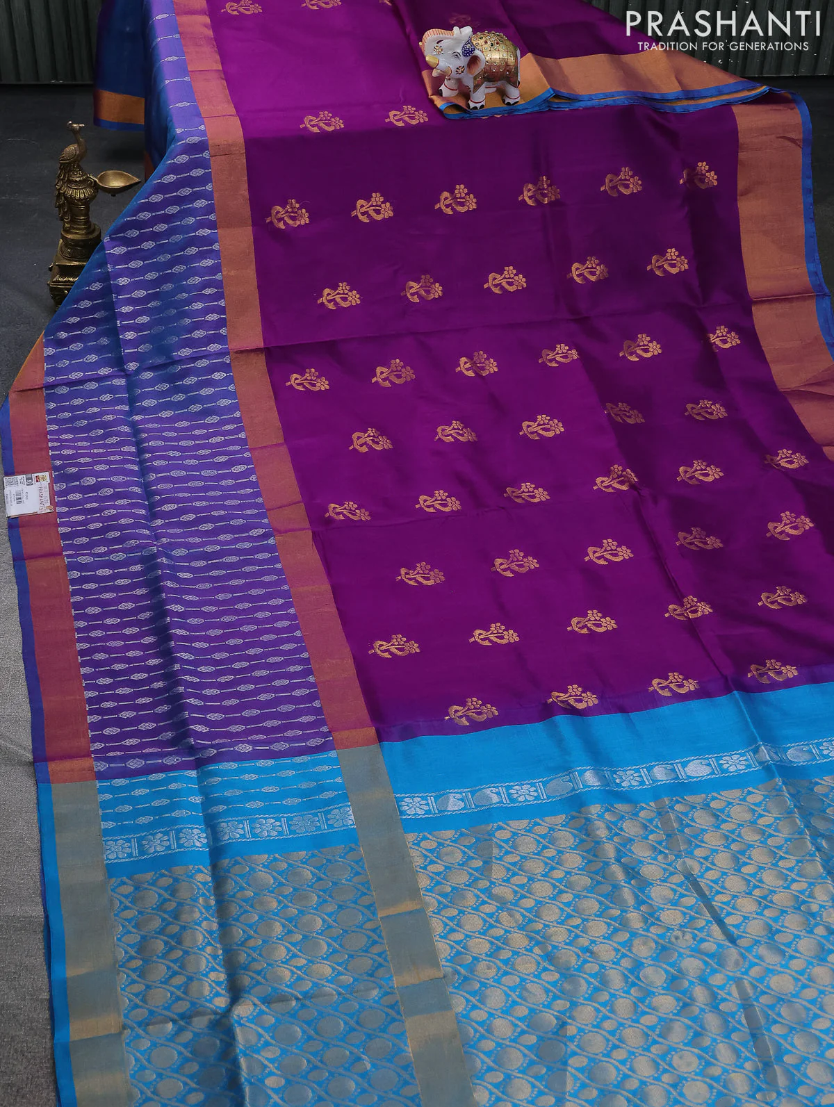 Pure uppada silk saree purple and dual shade of cs blue with zari woven buttas and long zari woven border - Image 2