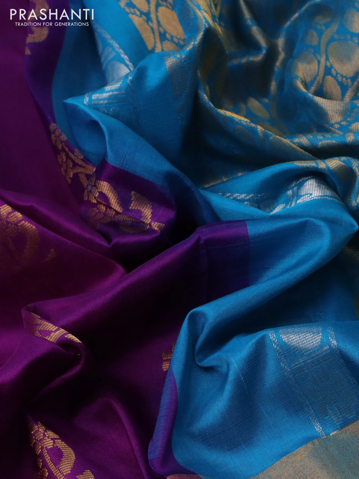 Pure uppada silk saree purple and dual shade of cs blue with zari woven buttas and long zari woven border - Image 3