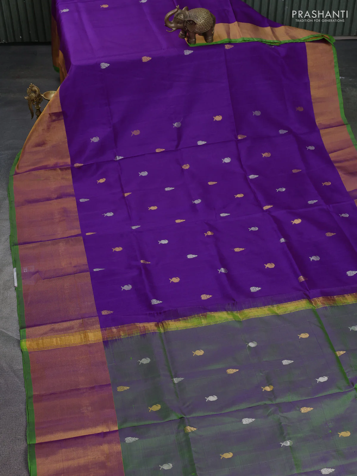 Pure uppada silk saree purple and green with silver & gold zari woven buttas and zari woven border - Image 2