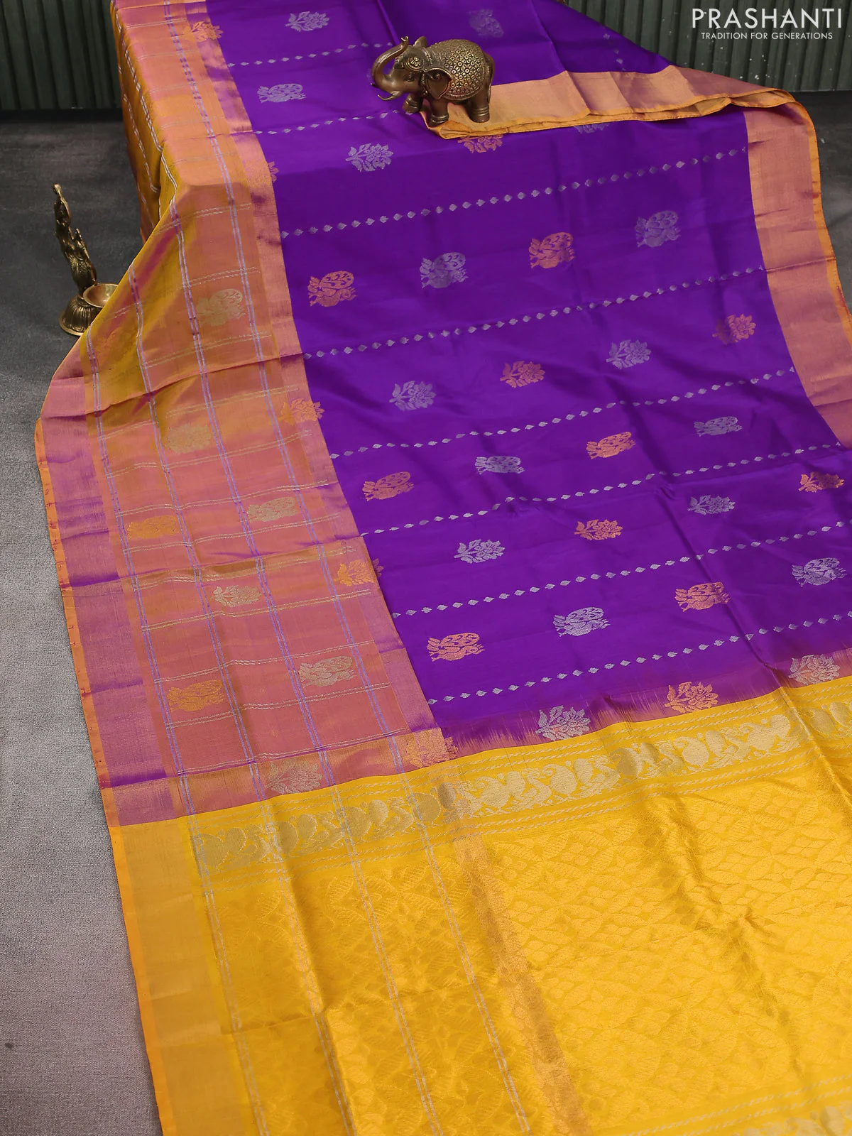 Pure uppada silk saree purple and yellow with silver & gold zari weaves & buttas and long zari checked border - Image 2