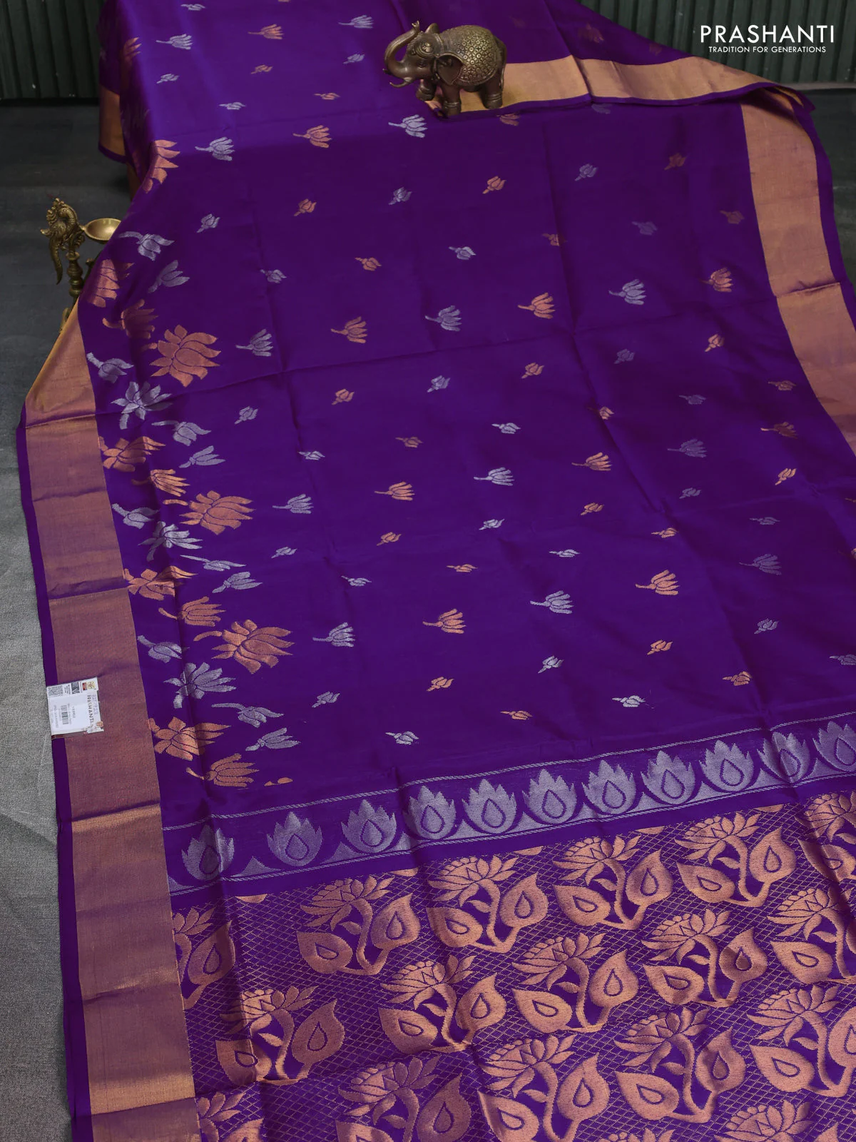 Pure uppada silk saree purple with silver & gold zari woven floral buttas and rich zari woven border - Image 2